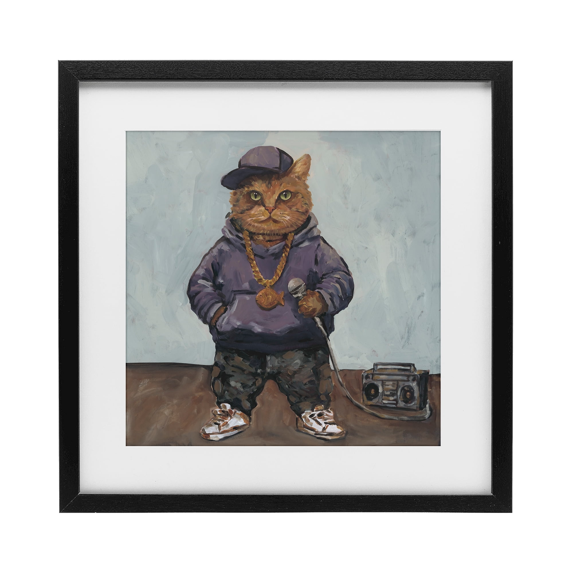 Stupell Industries Urban Hip-Hop Cat Black Framed Print Under Glass, design by Studio Bautista
