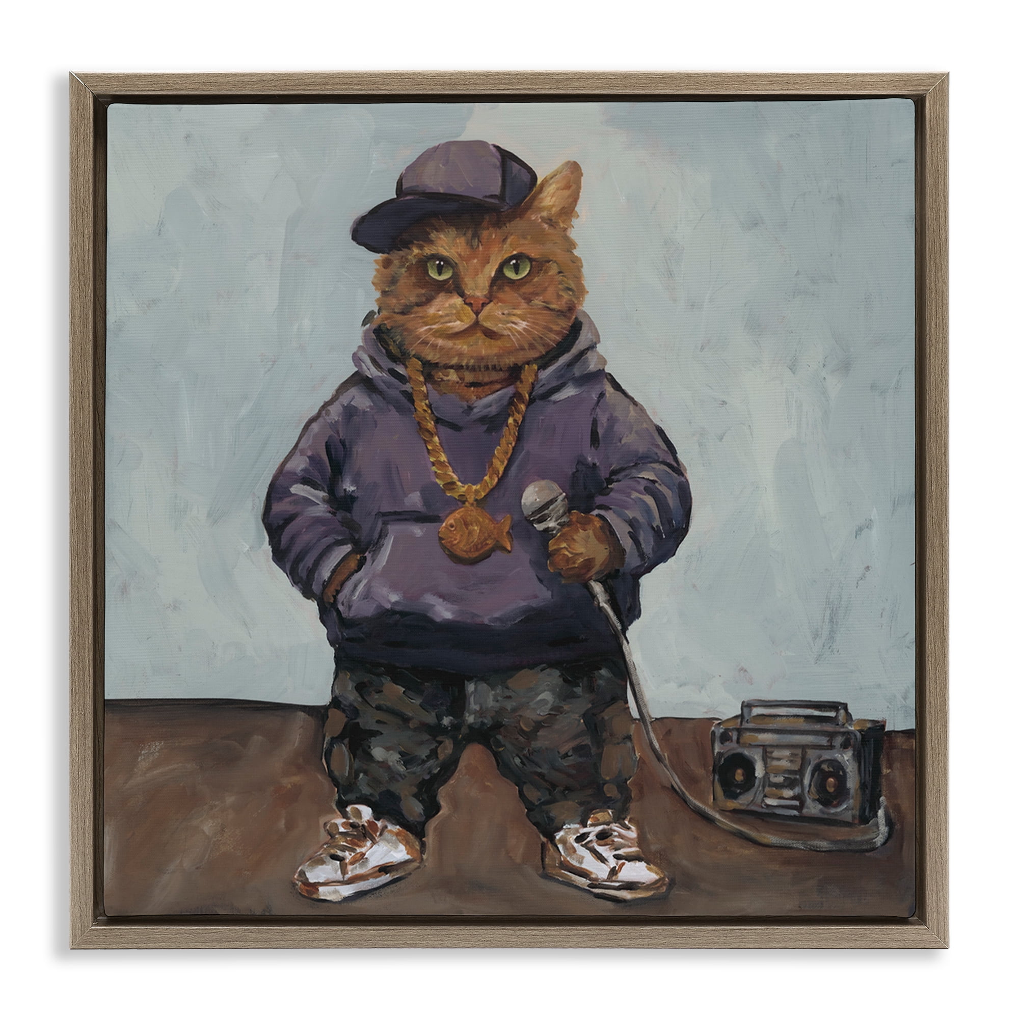 Stupell Industries Urban Hip-Hop Cat Brown Framed Floater Canvas Wall Art, design by Studio Bautista