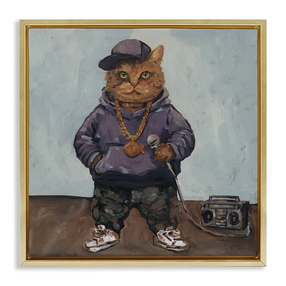 Stupell Industries Urban Hip-Hop Cat Gold Framed Floater Canvas Wall Art, design by Studio Bautista
