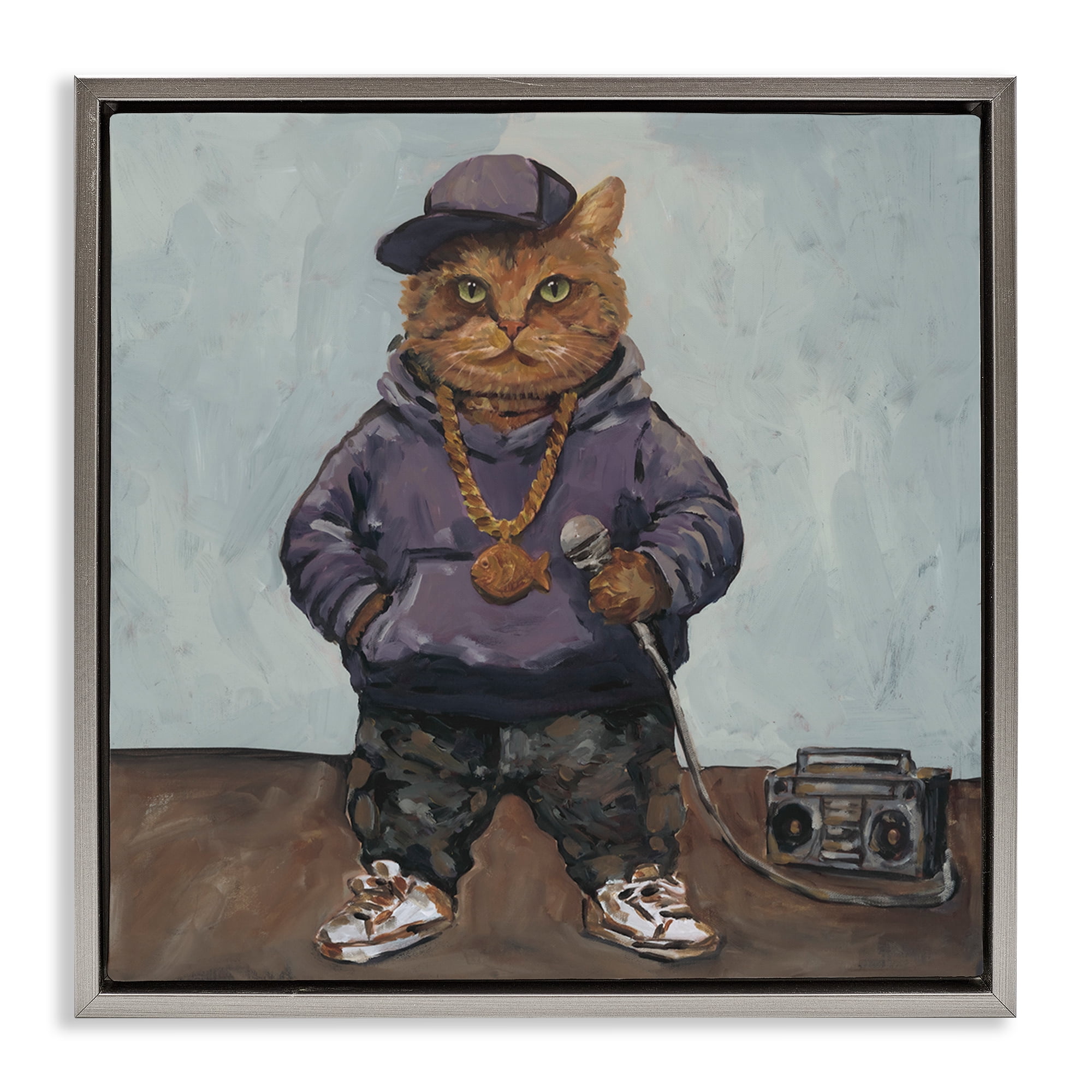 Stupell Industries Urban Hip-Hop Cat Gray Framed Floater Canvas Wall Art, design by Studio Bautista