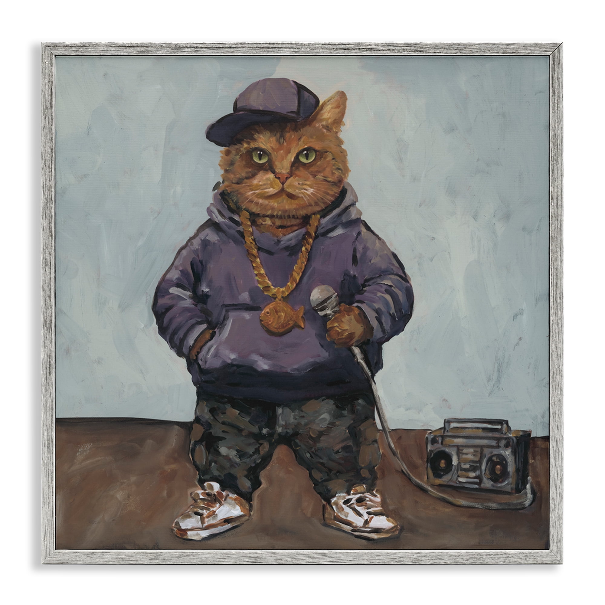 Stupell Industries Urban Hip-Hop Cat Gray Framed Giclee Art, design by Studio Bautista