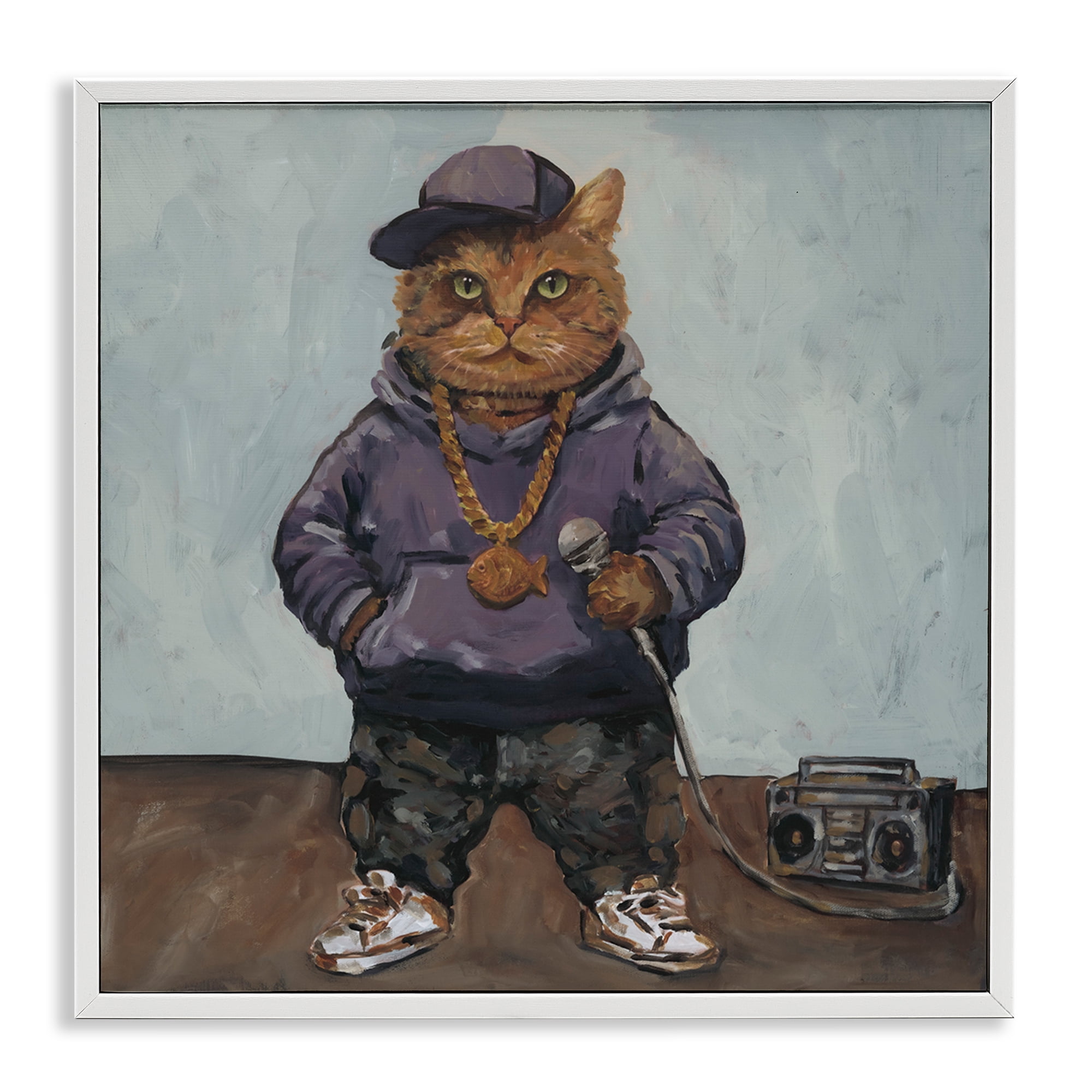 Stupell Industries Urban Hip-Hop Cat White Framed Giclee Art, design by Studio Bautista