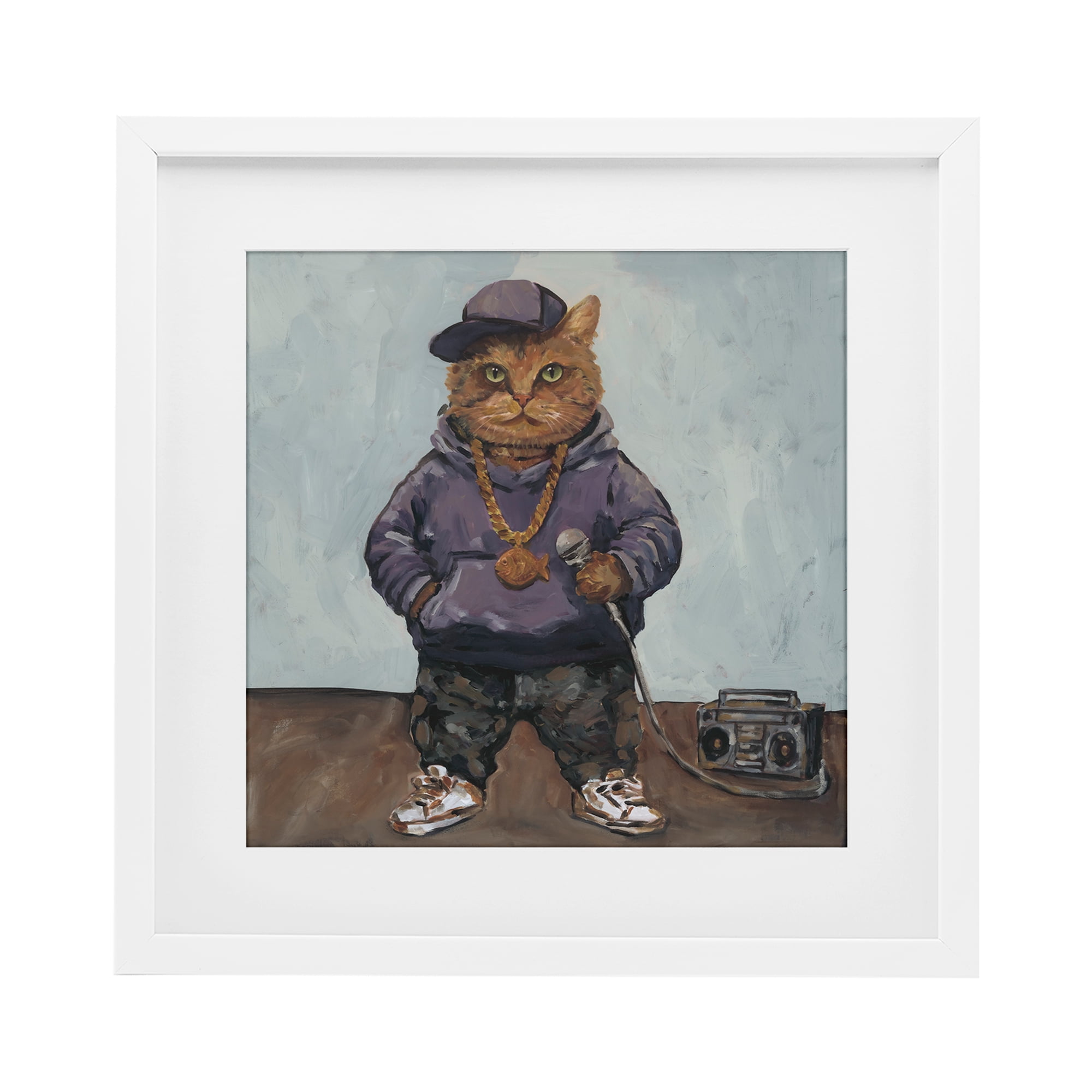 Stupell Industries Urban Hip-Hop Cat White Framed Print Under Glass, design by Studio Bautista