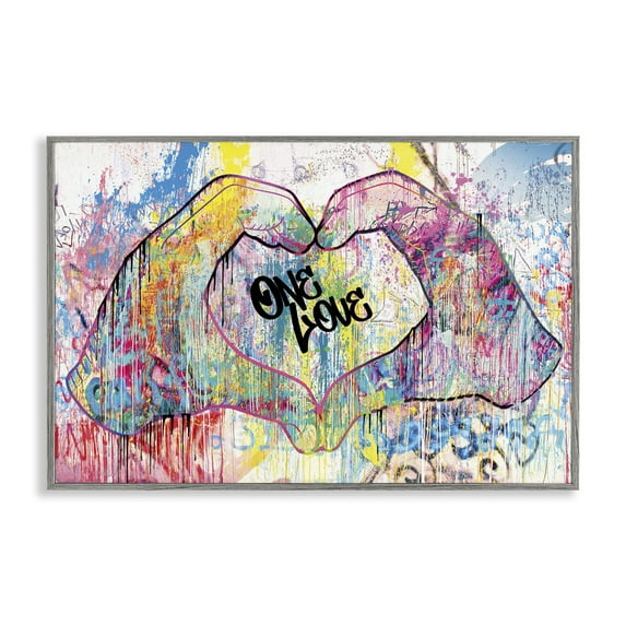 Stupell Industries Urban One Love Heart Symbol Typography Painting Gray Framed Art Print Wall Art, 24 x 16