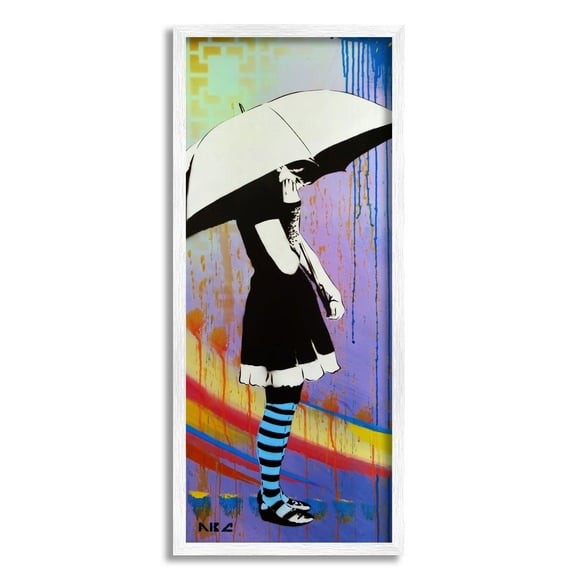 Urban Paint Drip Bold Patterned Girl & Umbrella Abstract Painting Framed Art Print Wall Art