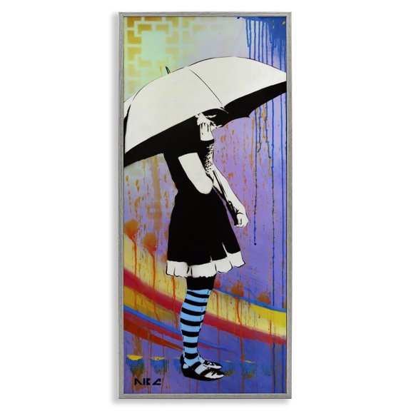 Stupell Industries Contemporary Urban Paint Drip Bold Patterned Girl & Umbrella Gray Framed Giclee Art, 13 x 30, by AbcArtAttack