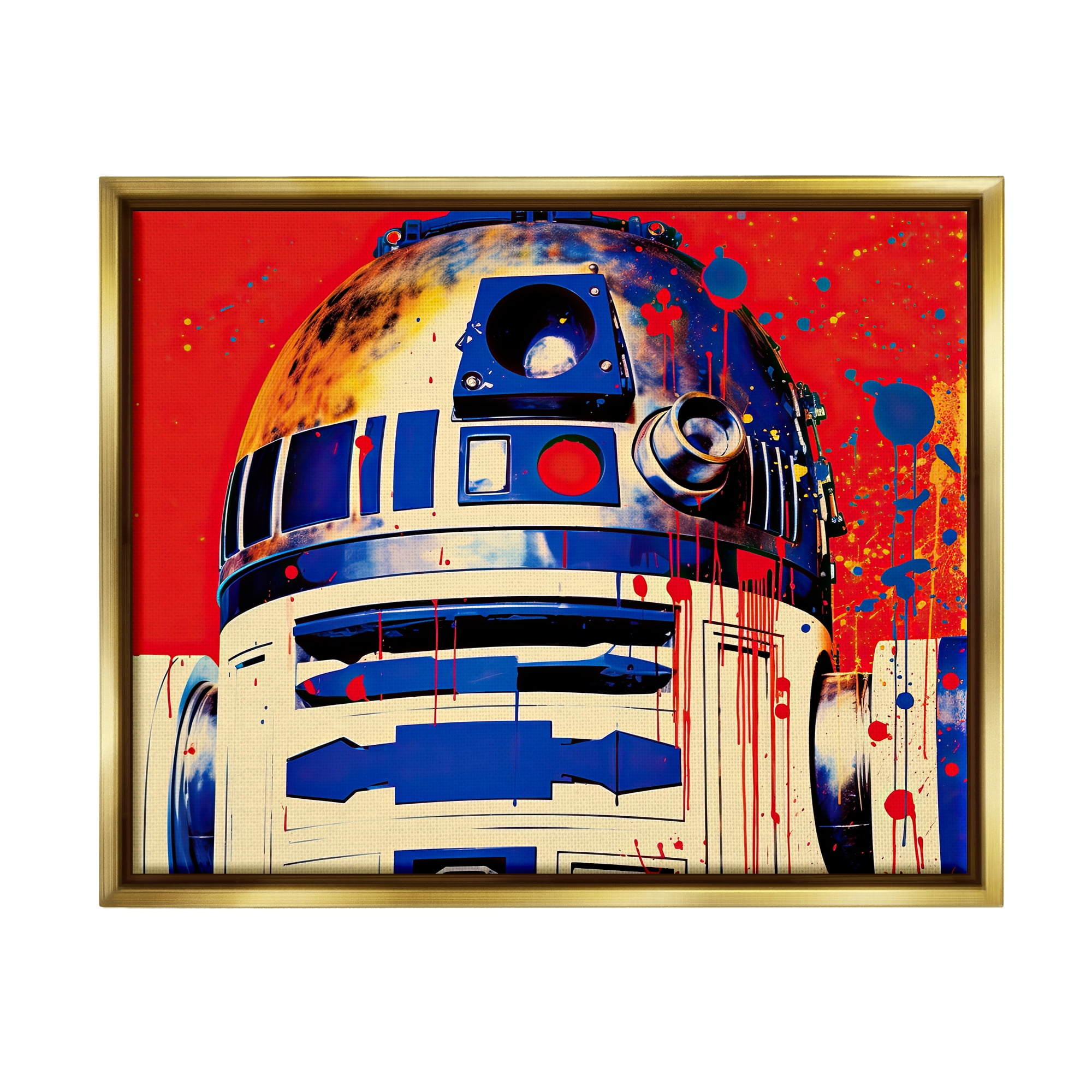 Stupell Industries Urban Paint Splatter Robot Fairy Tales & Fantasy Painting Gold Floater Framed Canvas Art Print Wall Art, 31 x 25