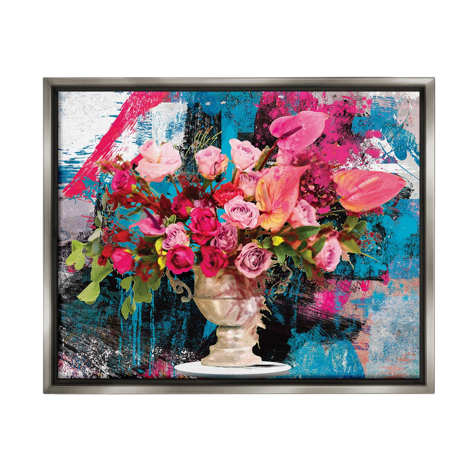 Stupell Industries Urban Rose Bouquet Botanical & Floral Painting Gray Floater Framed Canvas Art Print Wall Art, 21 x 17