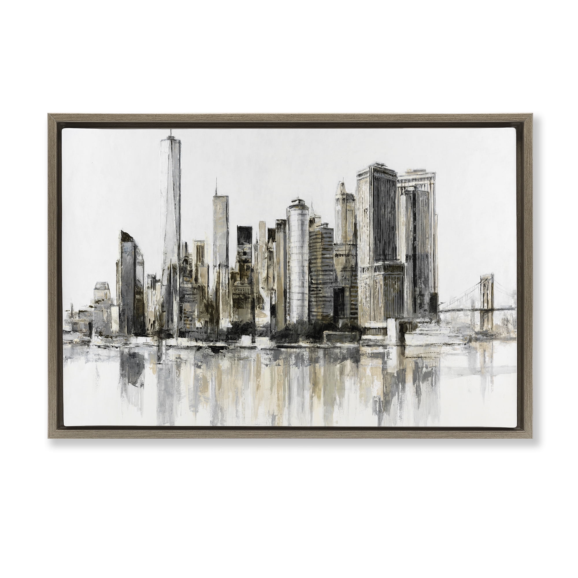Stupell Industries Urban Skyline Reflection Brown Framed Floater Canvas Wall Art, design by Lorenzo Collective