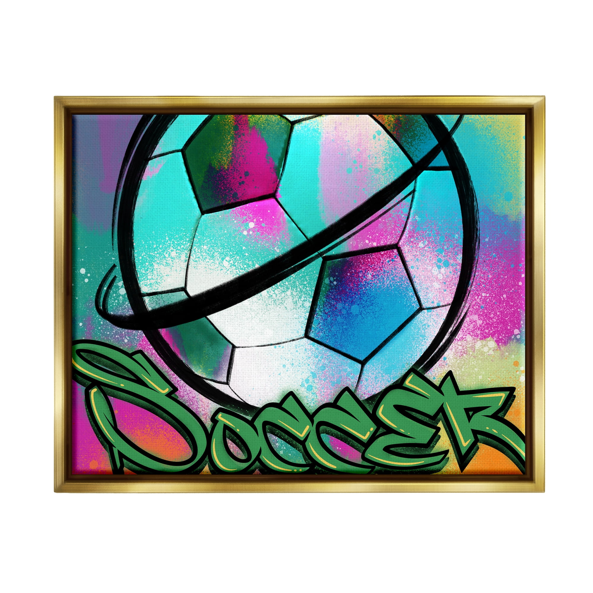 Stupell Industries Urban Sports Soccer Ball Abstract Painting Gold Floater Framed Canvas Art Print Wall Art, 21 x 17