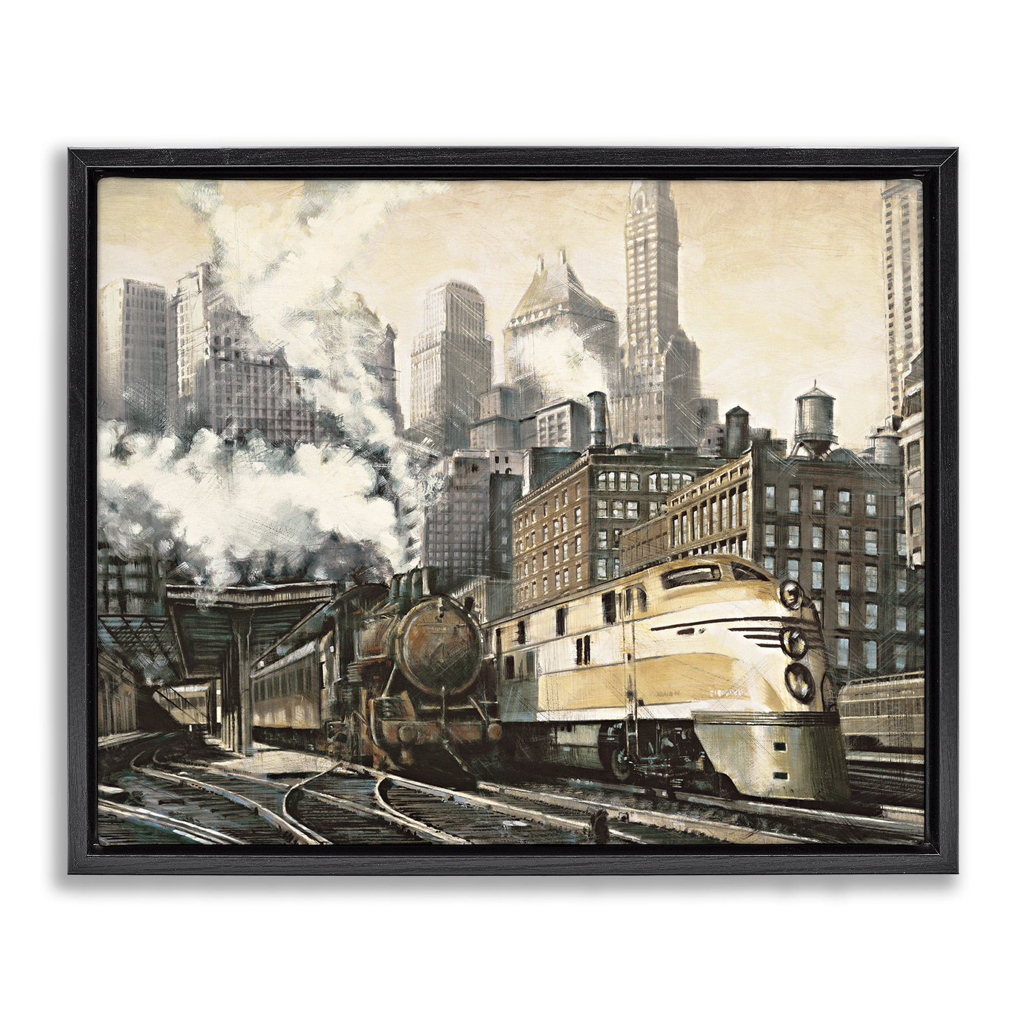 Stupell Industries Urban Steam Train Scenery Painting Black Floater Framed Art Print Wall Art, 31 x 25
