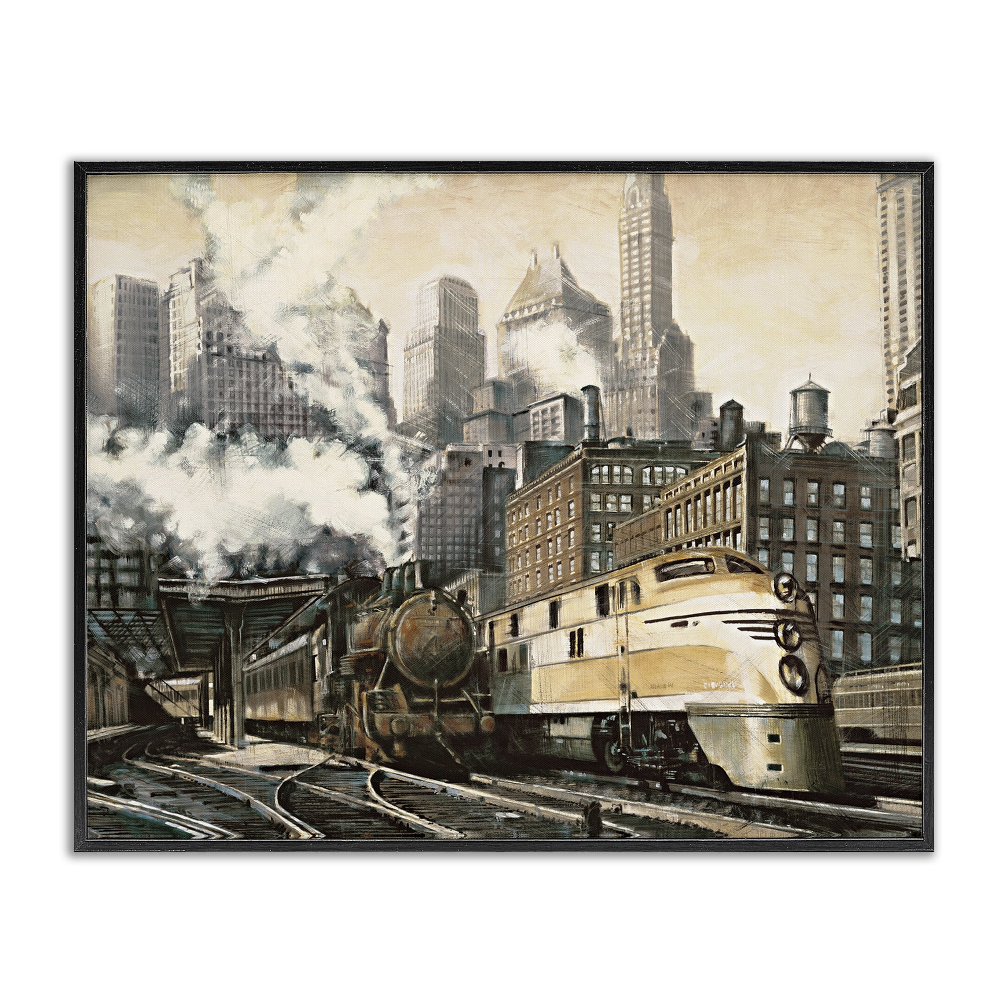 Stupell Industries Urban Steam Train Scenery Painting Black Framed Art Print Wall Art, 20 x 16