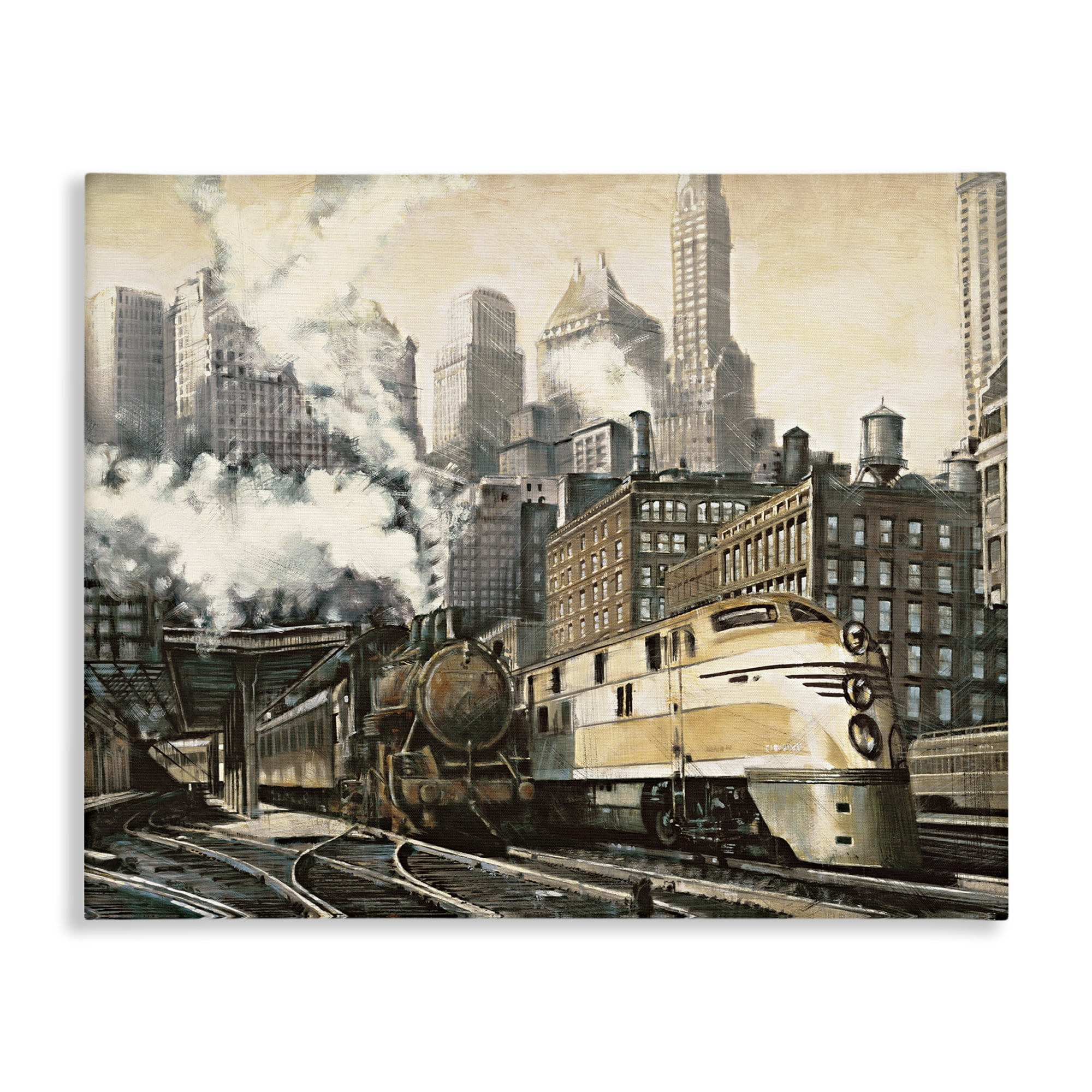 Stupell Industries Urban Steam Train Scenery Painting Gallery Wrapped Canvas Art Print Wall Art, 30 x 24