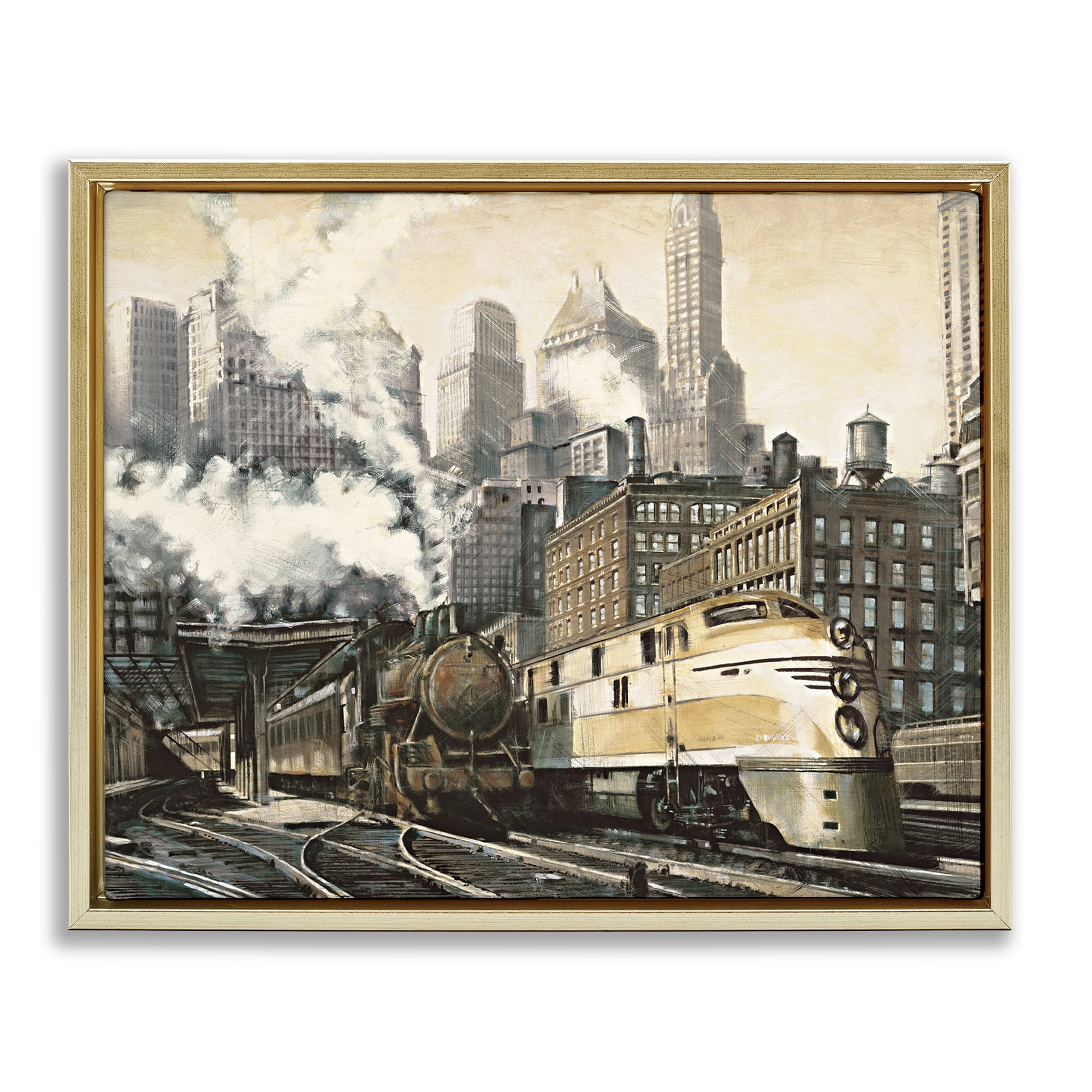 Urban Steam Train Scenery Canvas Print with Gold Frame