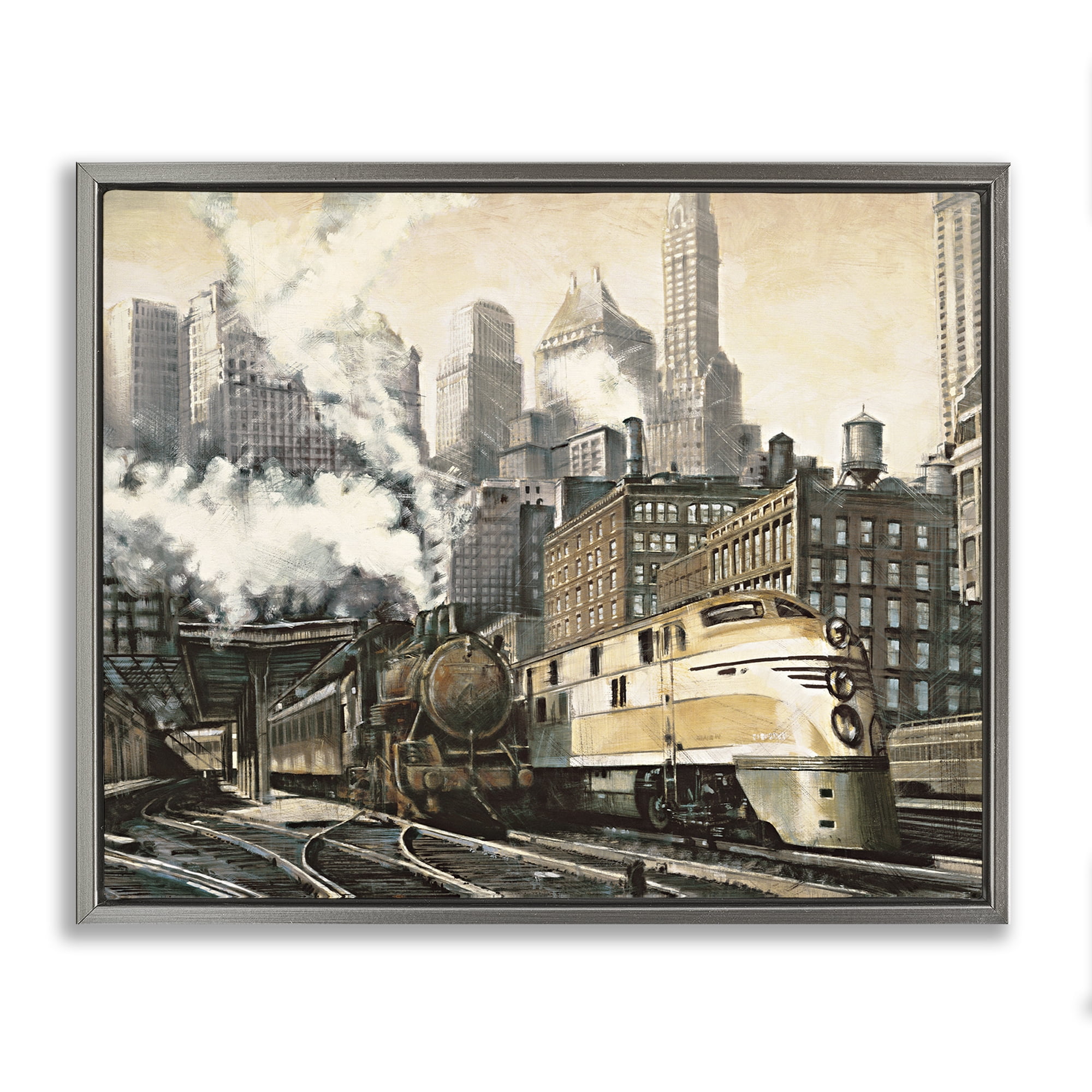 Stupell Industries Urban Steam Train Scenery Painting Gray Floater Framed Art Print Wall Art, 31 x 25