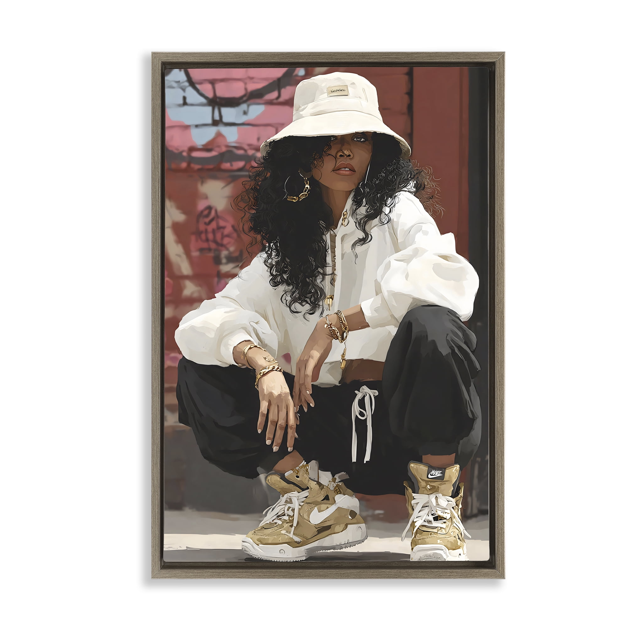 Stupell Industries Urban Streetwear Bucket Hat Brown Framed Floater Canvas Wall Art, design by Franklyn Gregory