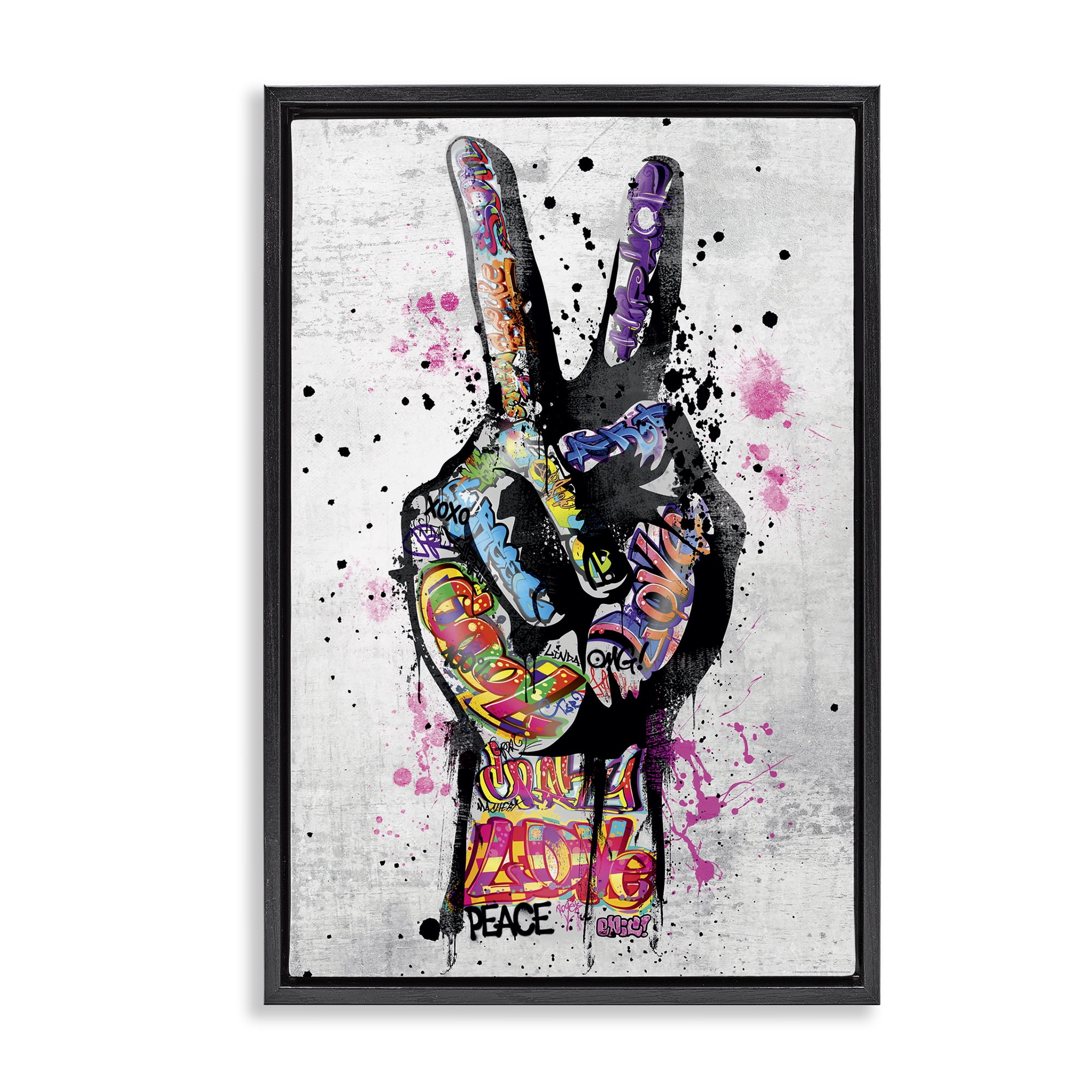 Stupell Industries Urban Tattooed Peace Hand Abstract Painting Black Floater Framed Canvas Art Print Wall Art, 21 x 31