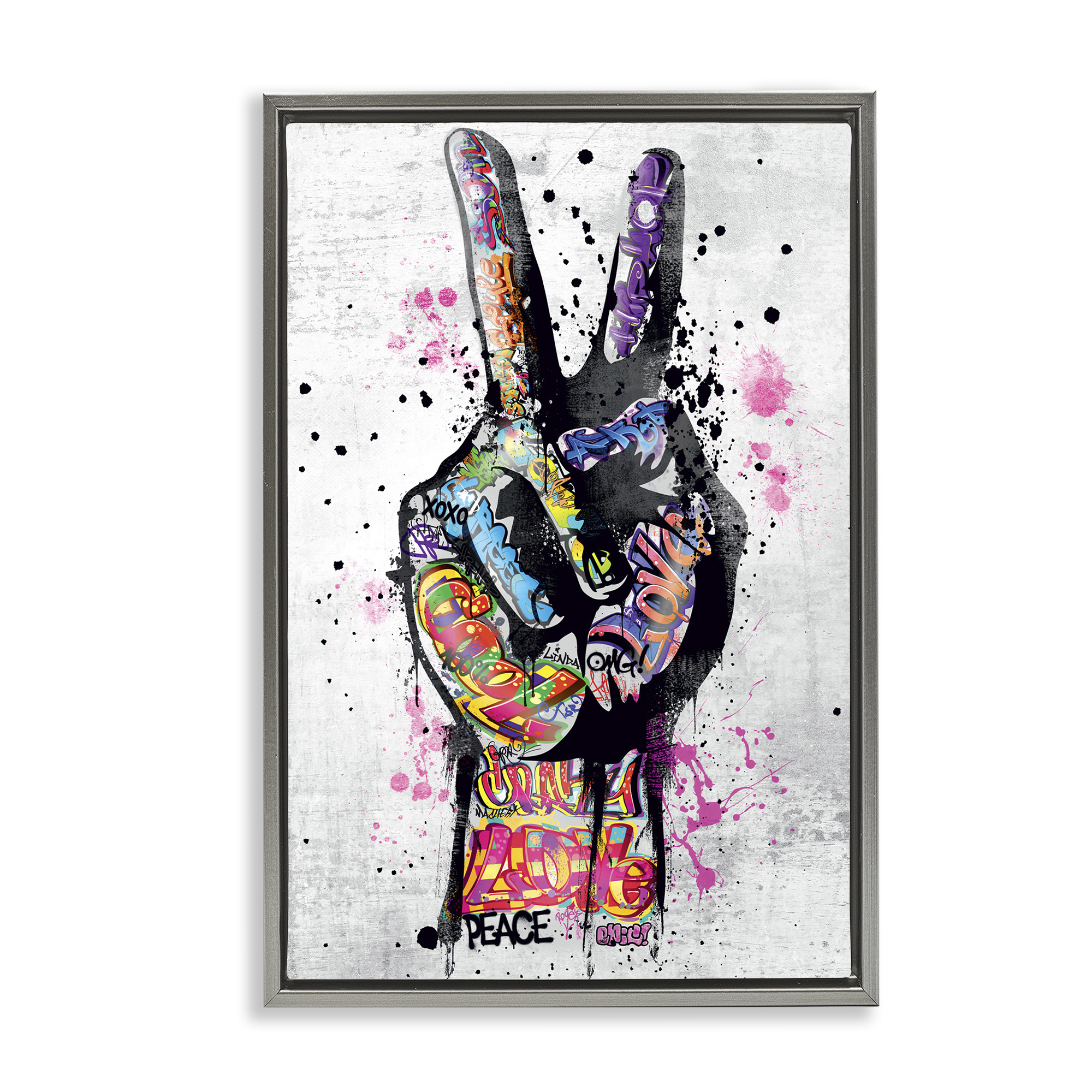 Stupell Industries Urban Tattooed Peace Hand Abstract Painting Gray Floater Framed Canvas Art Print Wall Art, 21 x 31