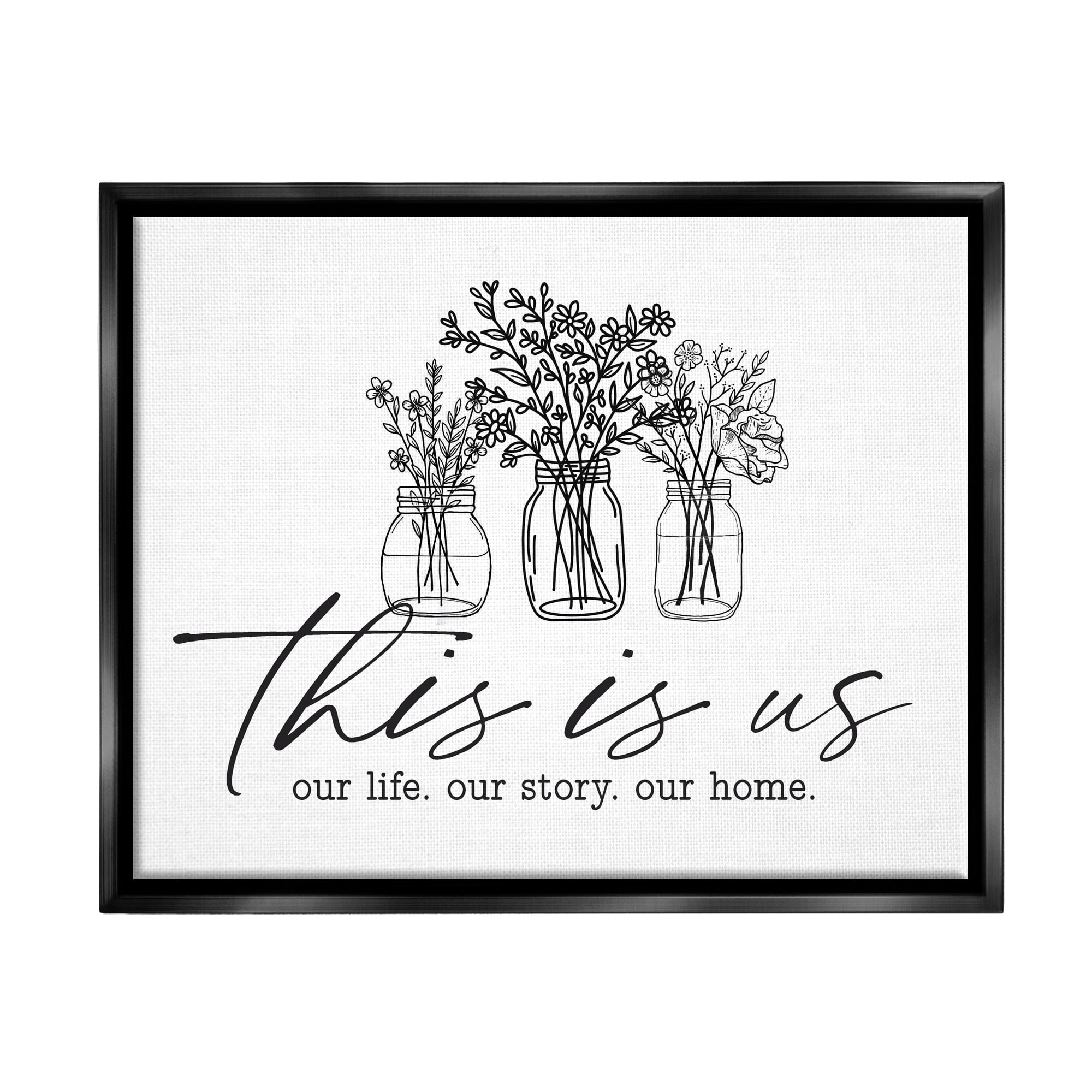 Stupell Industries This Is Us Family Cottage Florals Herbs Bouquet Graphic Art Jet Black Floating Framed Canvas Print Wall Art, Design by Lettered and Lined
