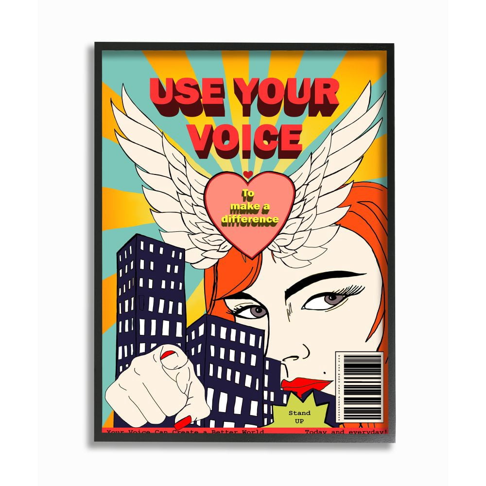 Stupell Industries Use Your Voice Inspirational Quote Feminist Pop Art Framed Wall Art Design by Sangita Bachelet, 11" x 14", Black Framed