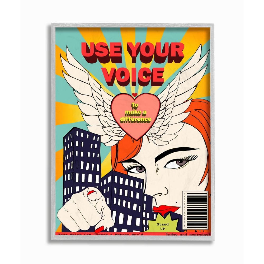 Stupell Industries Use Your Voice Inspirational Quote Feminist Pop Art Framed Wall Art Design by Sangita Bachelet, 16" x 20", Gray Framed