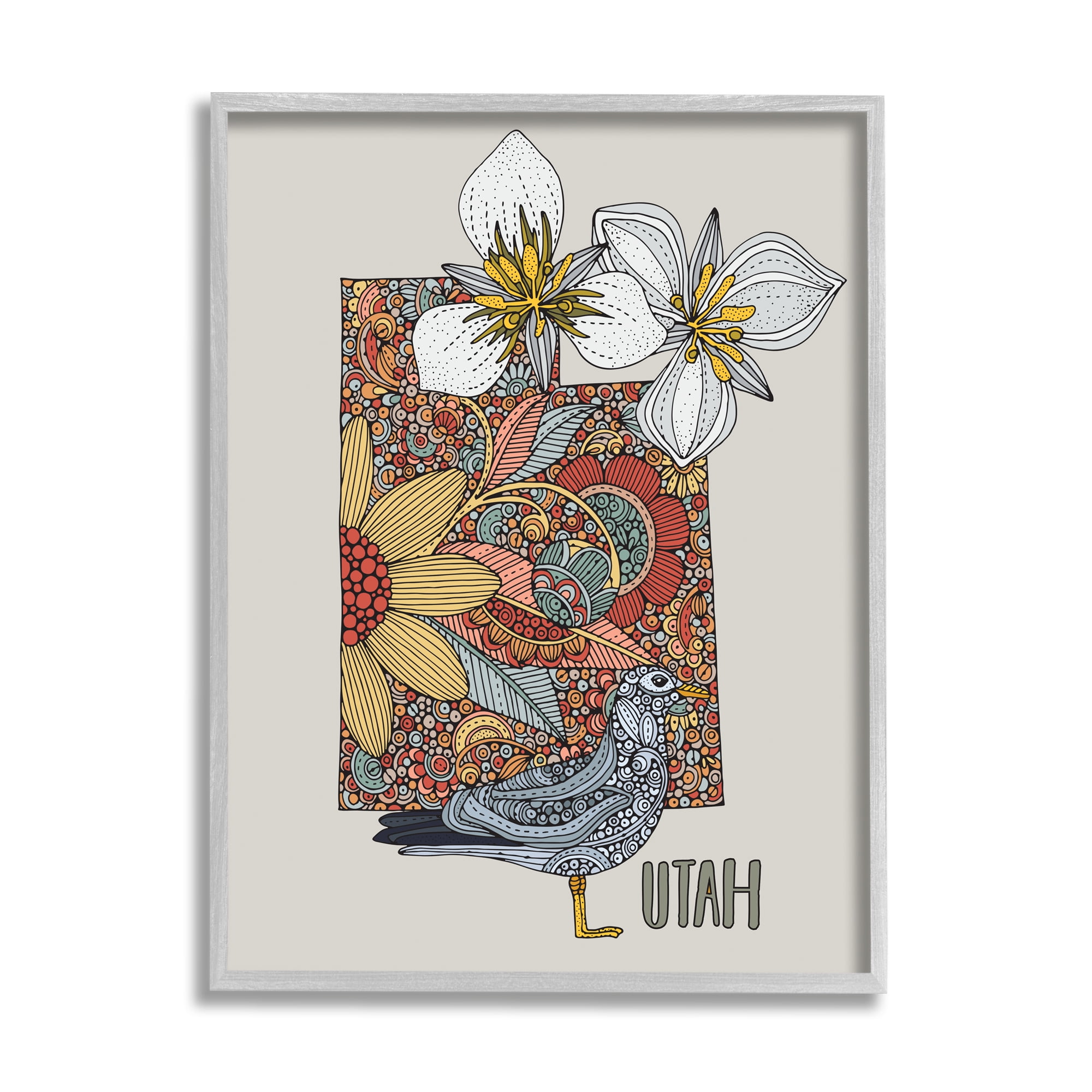 Stupell Industries Utah State Bird & Flower Intricate Floral Pattern Graphic Art Gray Framed Art Print Wall Art, Design by Valentina Harper