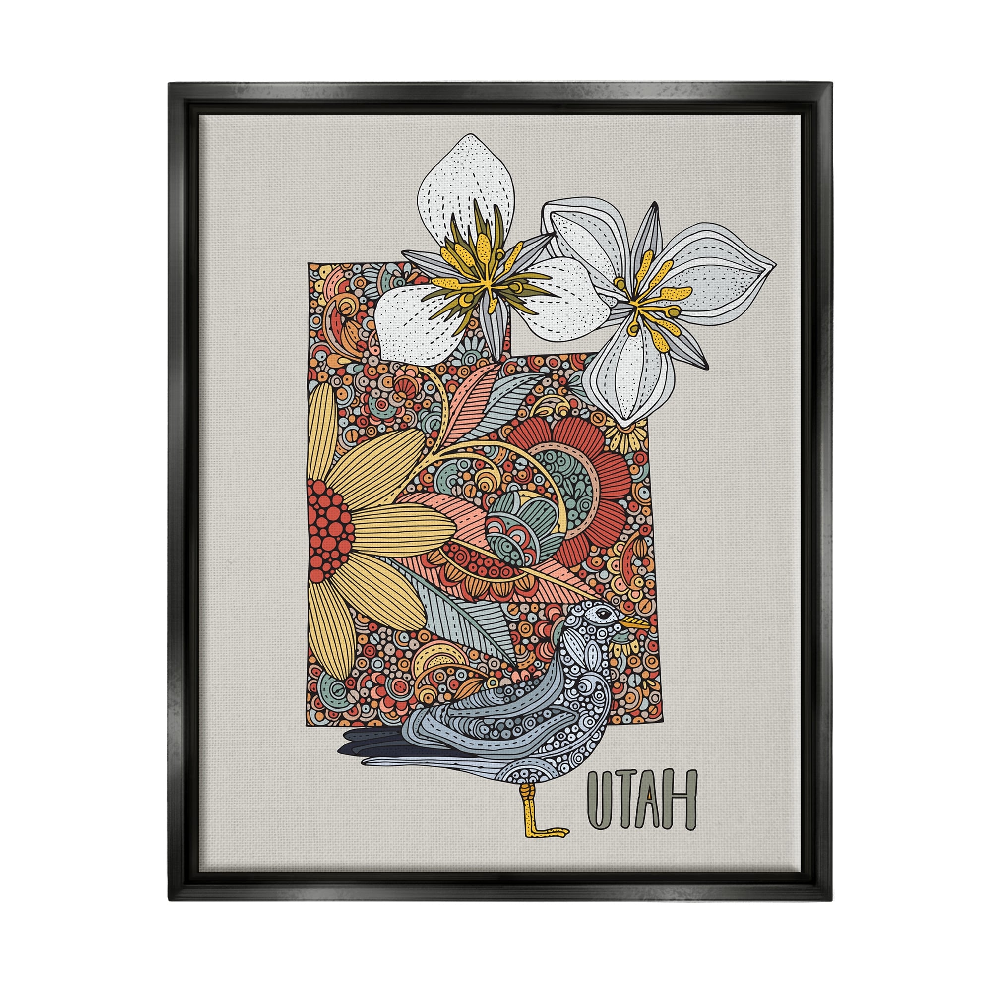 Stupell Industries Utah State Bird & Flower Intricate Floral Pattern Graphic Art Jet Black Floating Framed Canvas Print Wall Art, Design by Valentina Harper