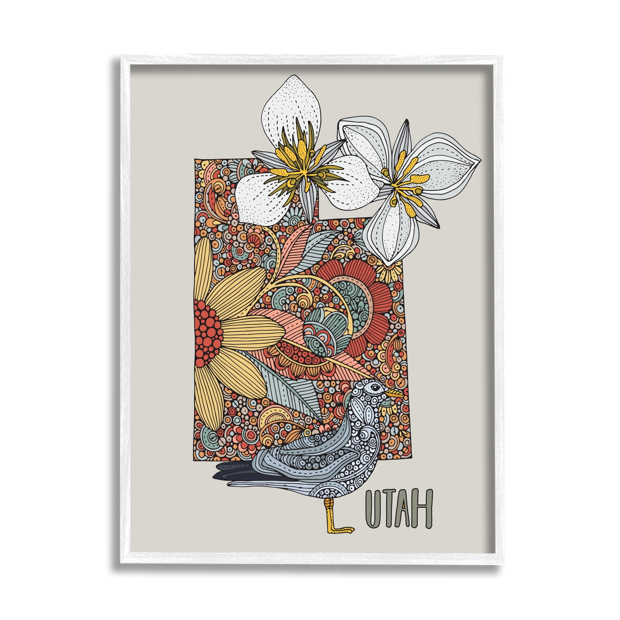 Stupell Industries Utah State Bird & Flower Intricate Floral Pattern Graphic Art White Framed Art Print Wall Art, Design by Valentina Harper