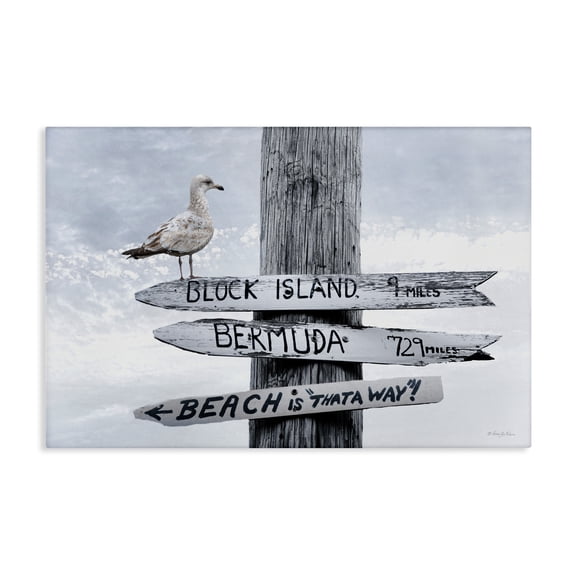Stupell Industries Vacation Beach Signs with Seagull Animals Painting Wrapped Canvas Canvas Art Print Wall Art, 45 x 30