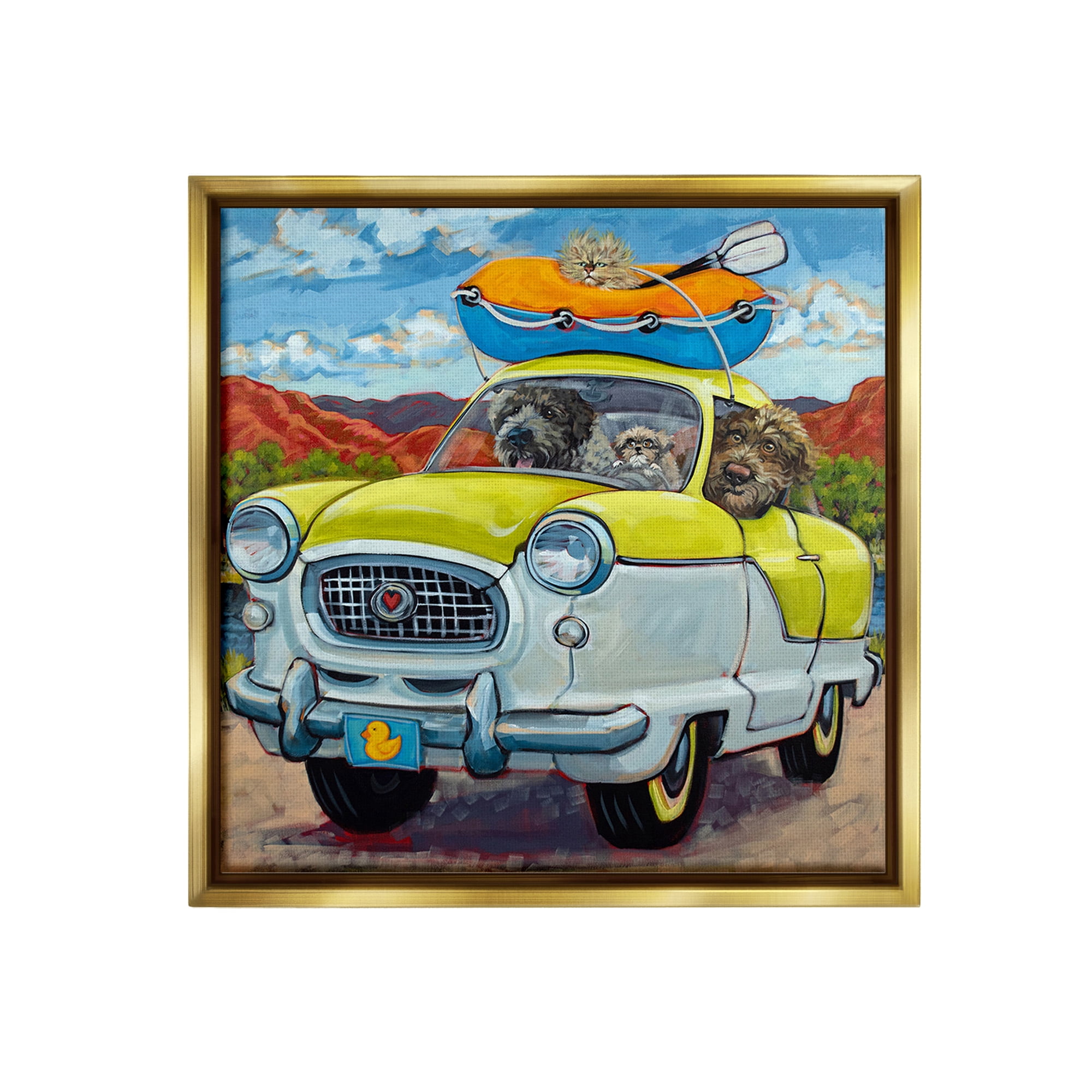 Stupell Industries Vacation Dogs in Car Animals & Insects Painting Gold Floater Framed Canvas Art Print Wall Art, 25 x 25