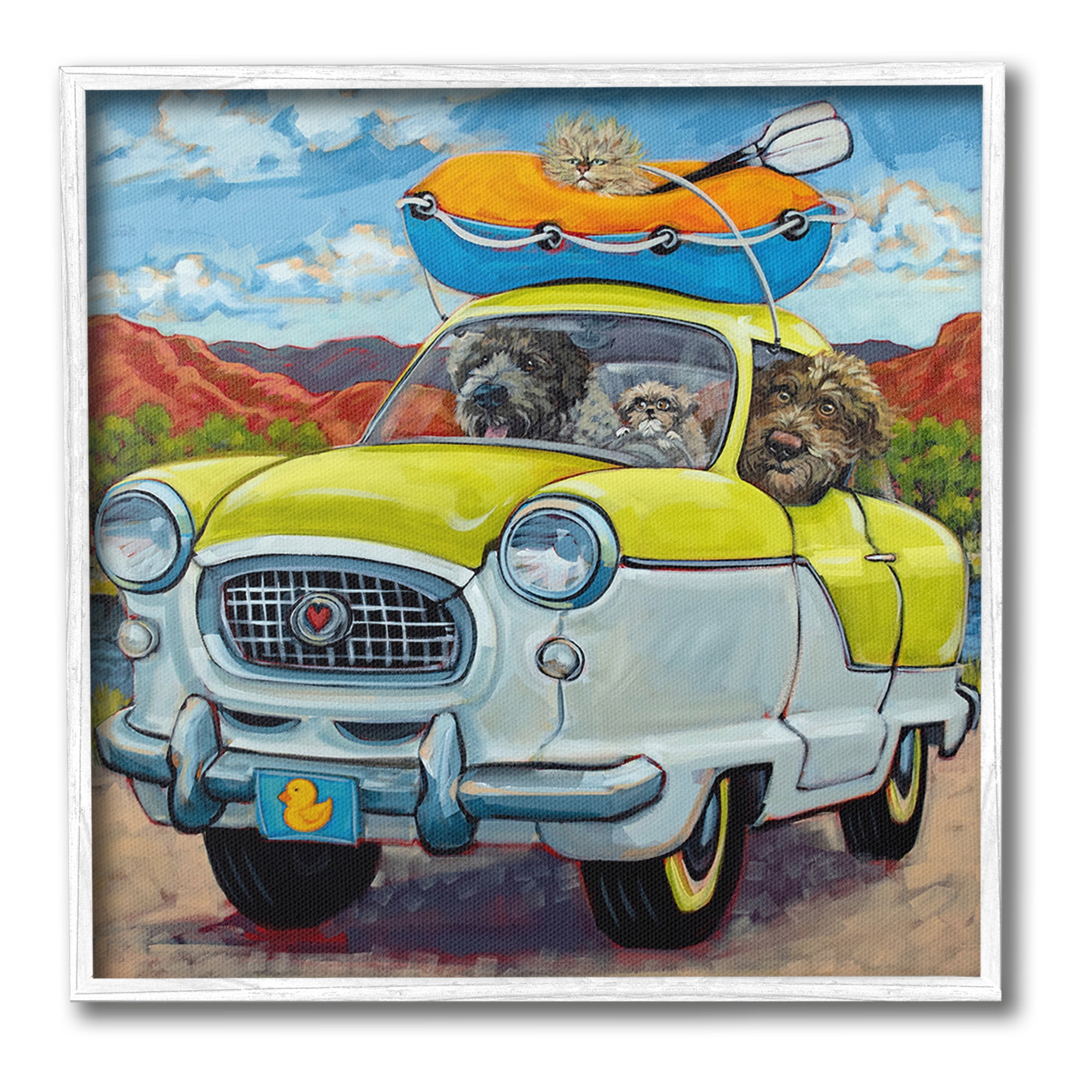 Stupell Industries Vacation Dogs in Car Animals & Insects Painting White Framed Art Print Wall Art, 17 x 17
