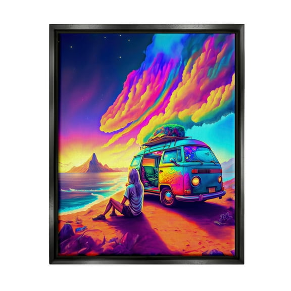 Stupell Industries Vacation Van on Beach Landscape Painting Black Floater Framed Canvas Art Print Wall Art, 17 x 21