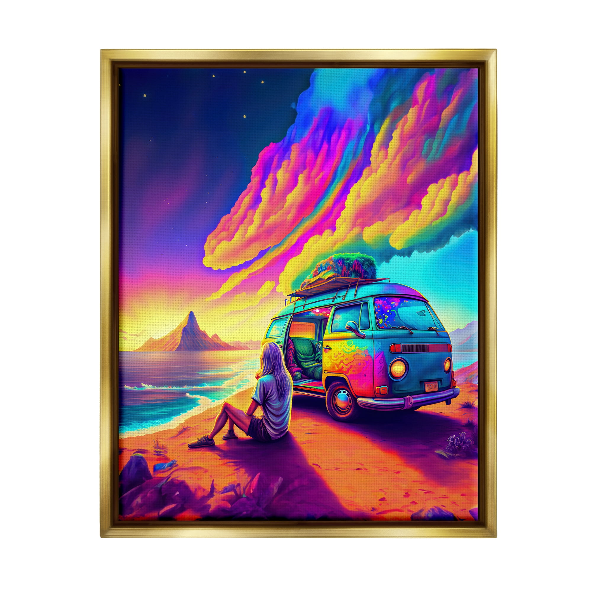 Stupell Industries Vacation Van on Beach Landscape Painting Gold Floater Framed Canvas Art Print Wall Art, 25 x 31