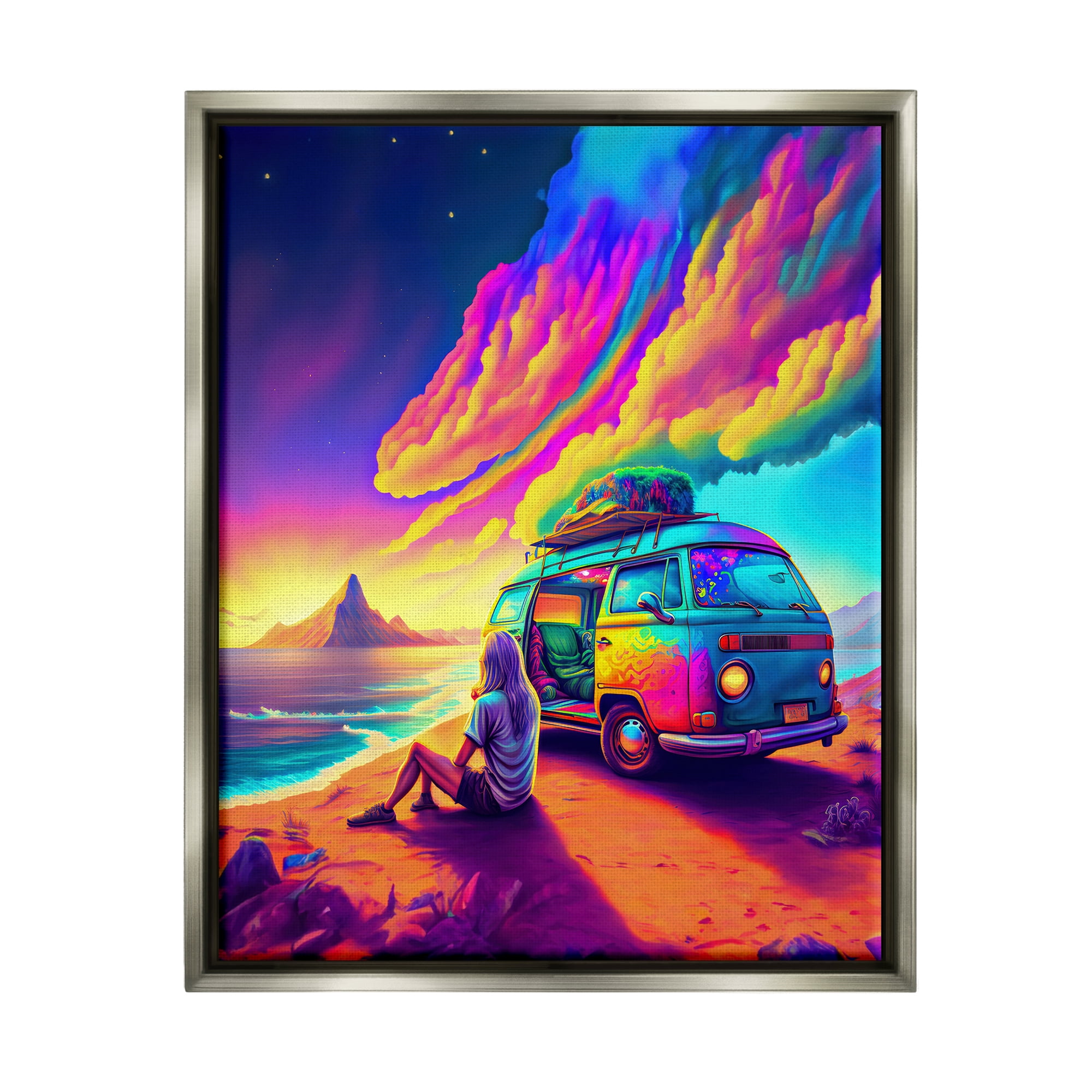 Stupell Industries Vacation Van on Beach Landscape Painting Gray Floater Framed Canvas Art Print Wall Art, 25 x 31