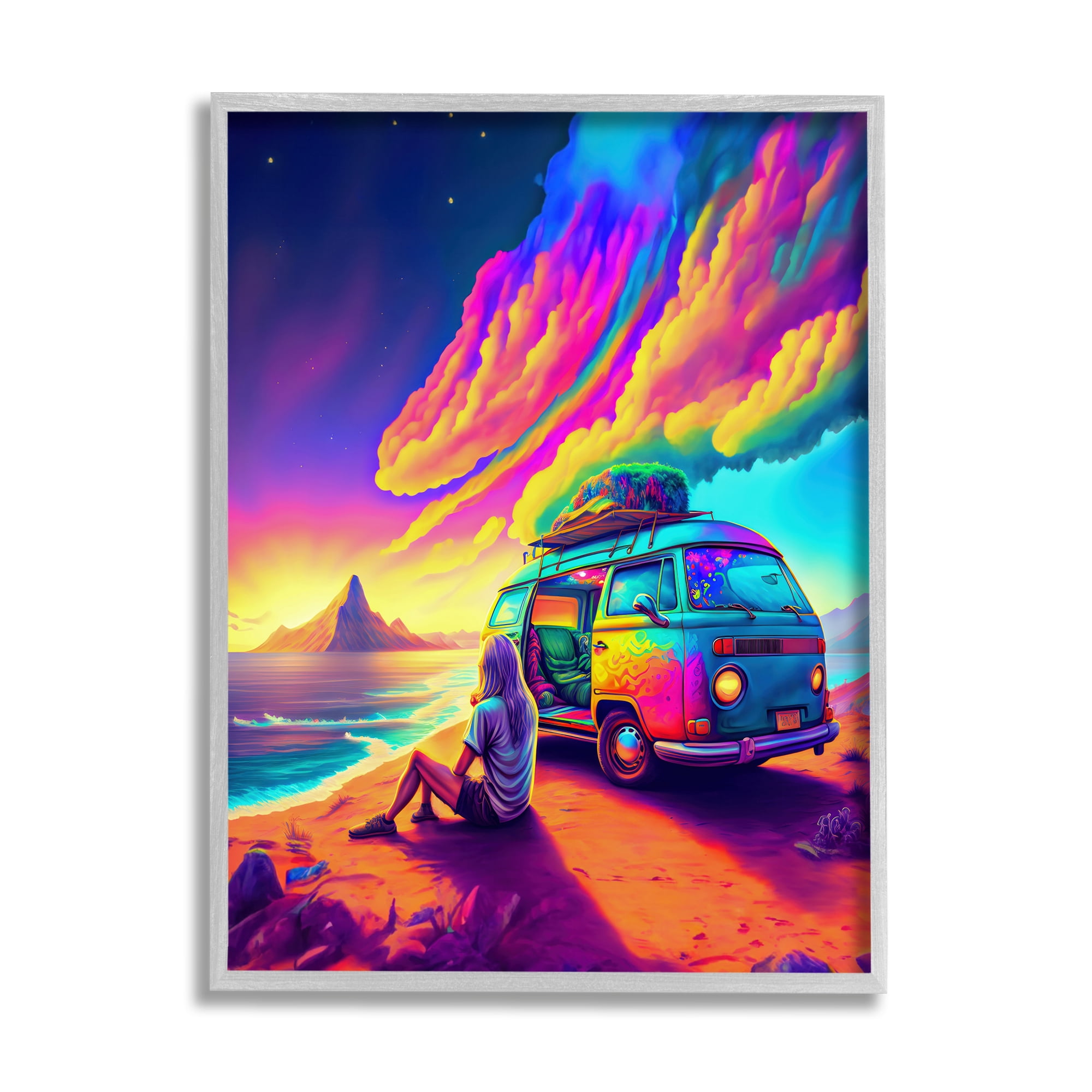 Stupell Industries Vacation Van on Beach Landscape Painting Gray Framed Art Print Wall Art, 24 x 30
