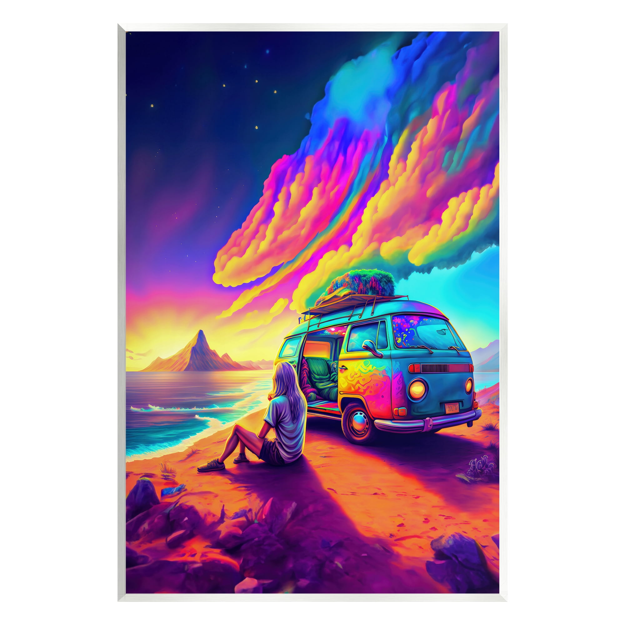 Stupell Industries Vacation Van on Beach Landscape Painting Unframed Art Print Wall Art, 13 x 19