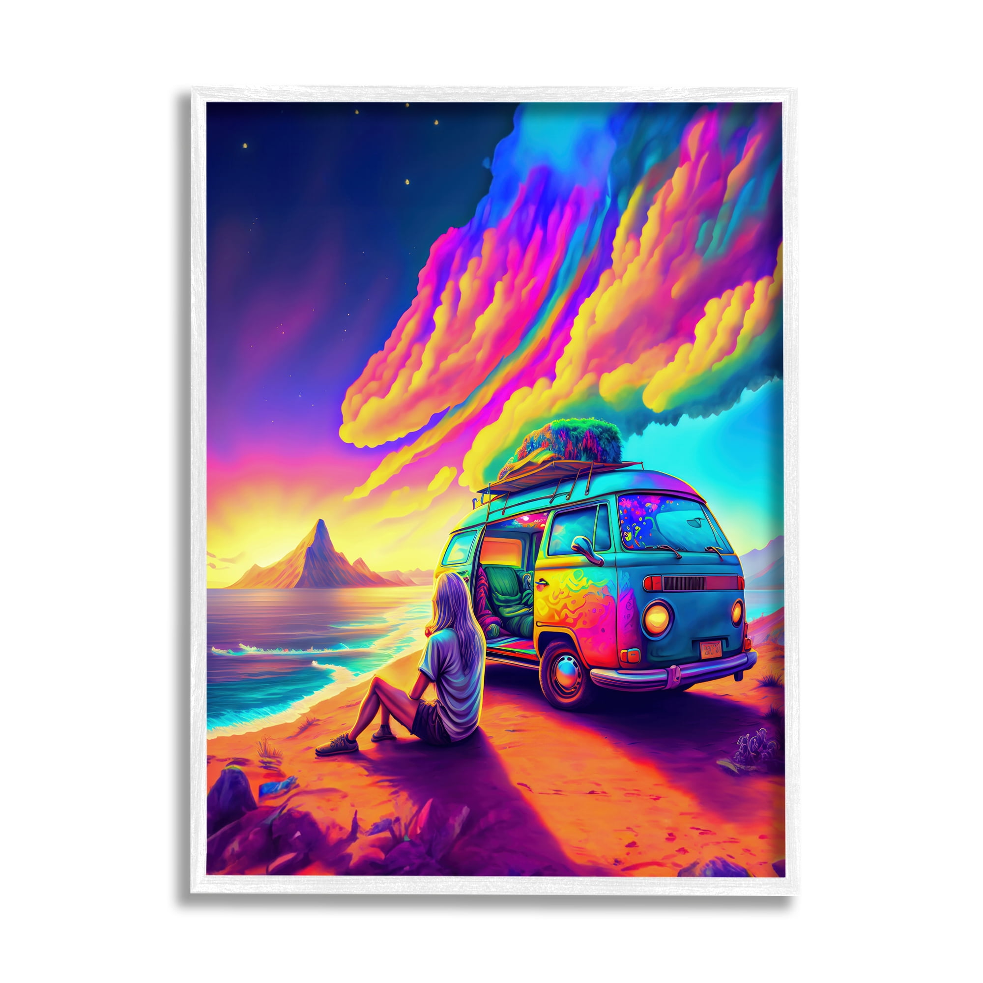 Stupell Industries Vacation Van on Beach Landscape Painting White Framed Art Print Wall Art, 24 x 30