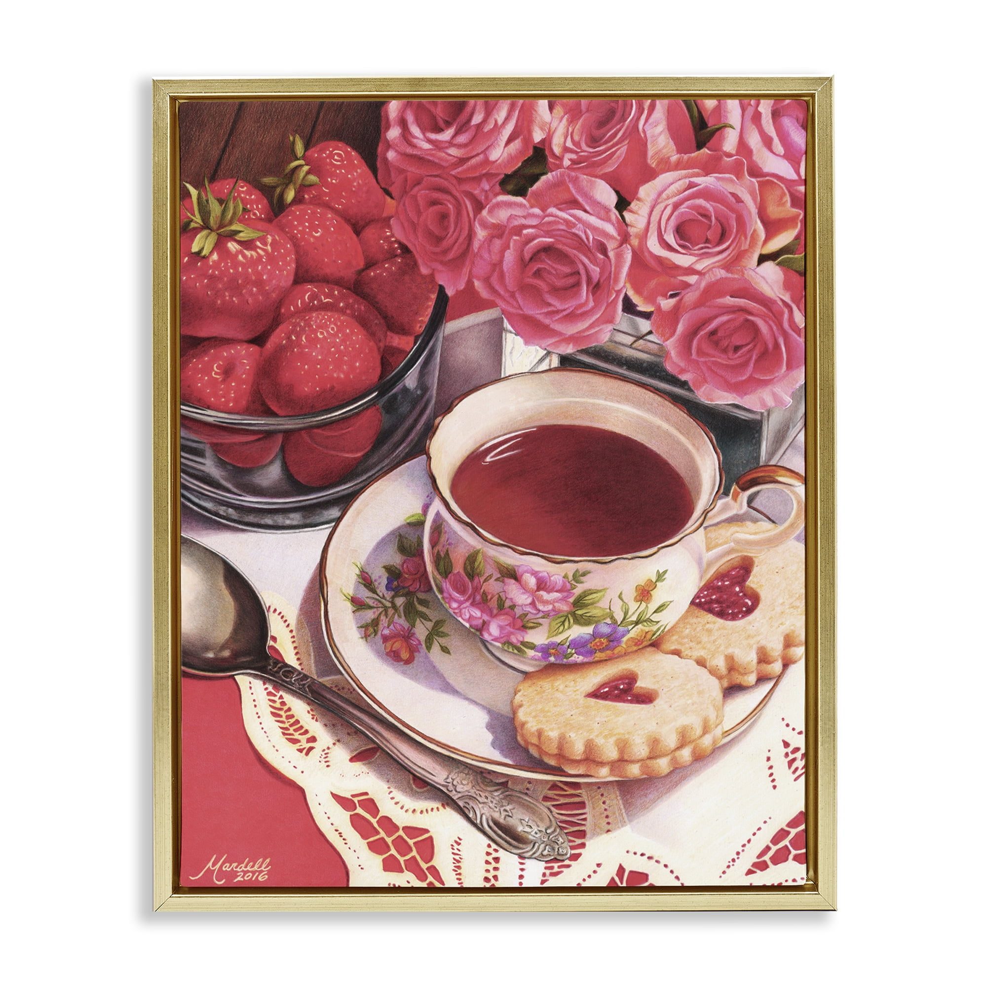 Stupell Industries Valentine's Day Tea Food & Beverage Painting Gold Floater Framed Art Print Wall Art, 17 x 21
