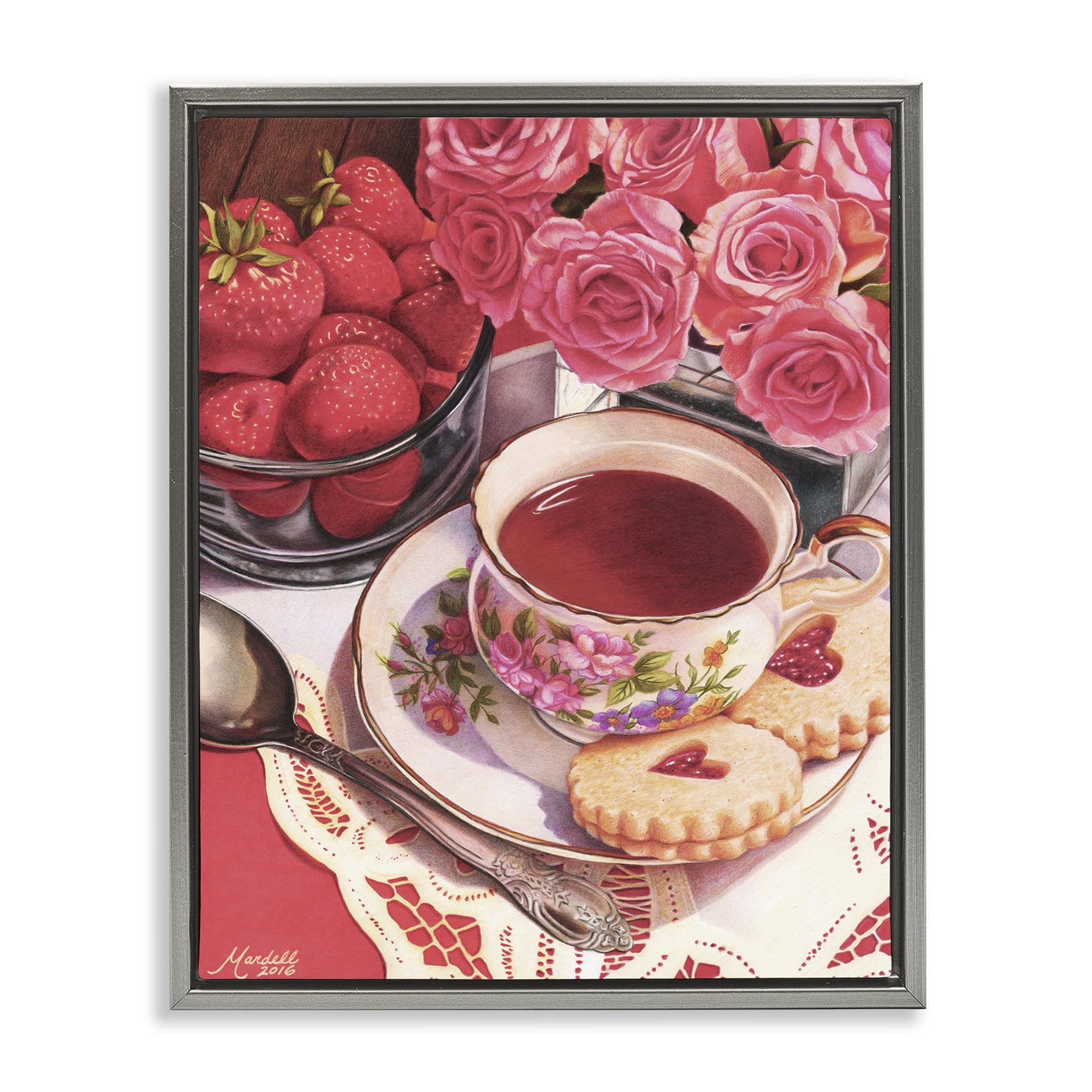 Stupell Industries Valentine's Day Tea Food & Beverage Painting Gray Floater Framed Art Print Wall Art, 17 x 21