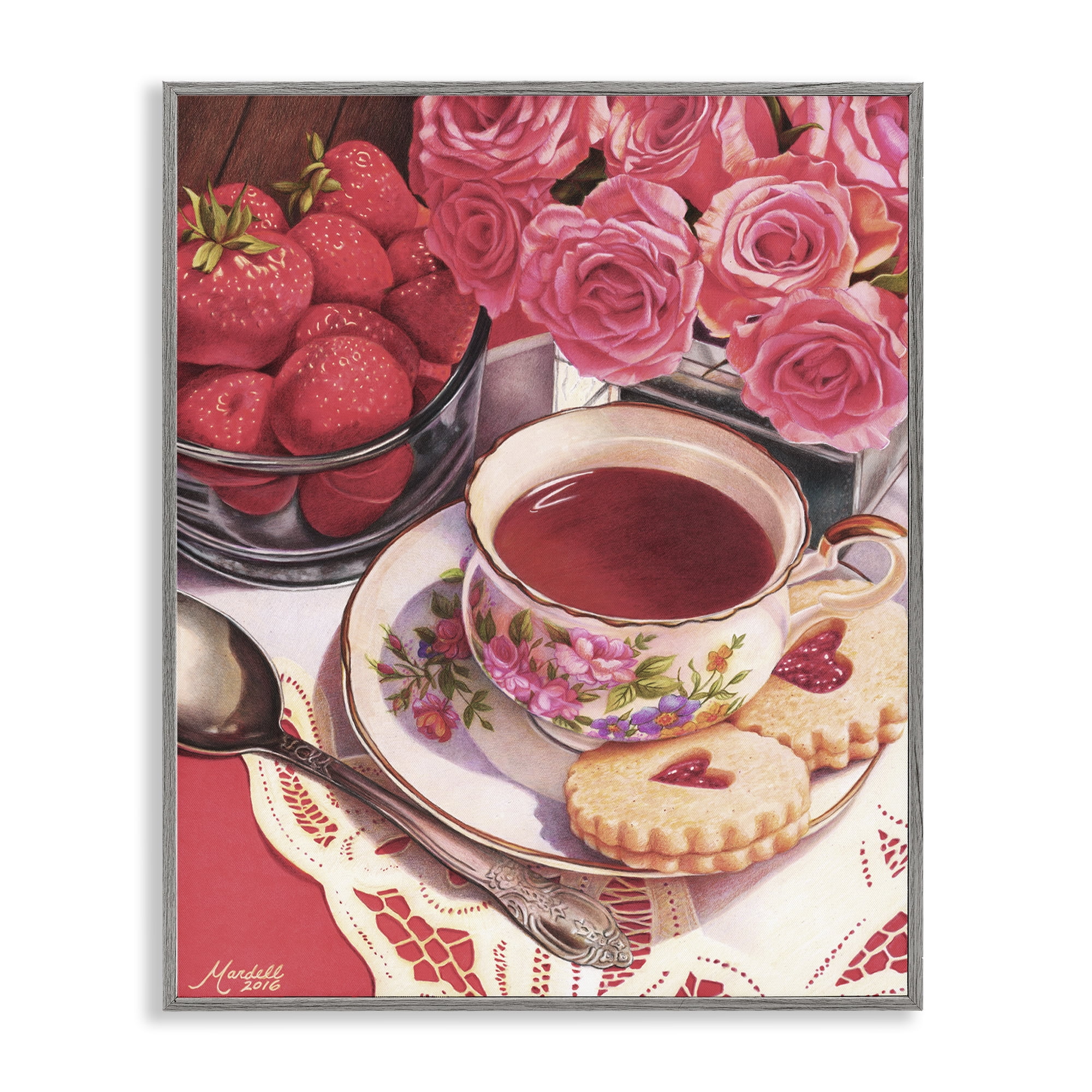 Stupell Industries Valentine's Day Tea Food & Beverage Painting Gray Framed Art Print Wall Art, 24 x 30