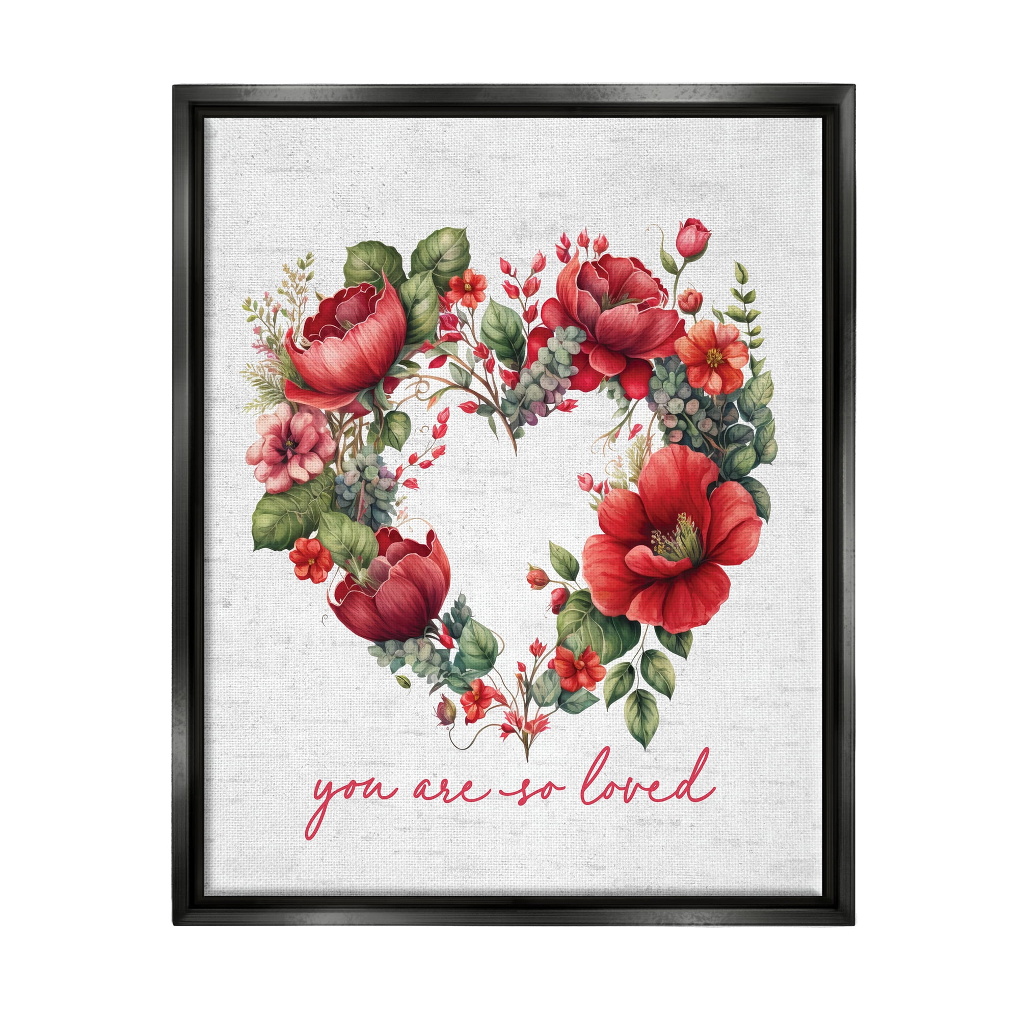 Stupell Industries Valentine's Heart Shaped Wreath Botanical & Floral Painting Black Floater Framed Canvas Art Print Wall Art, 25 x 31