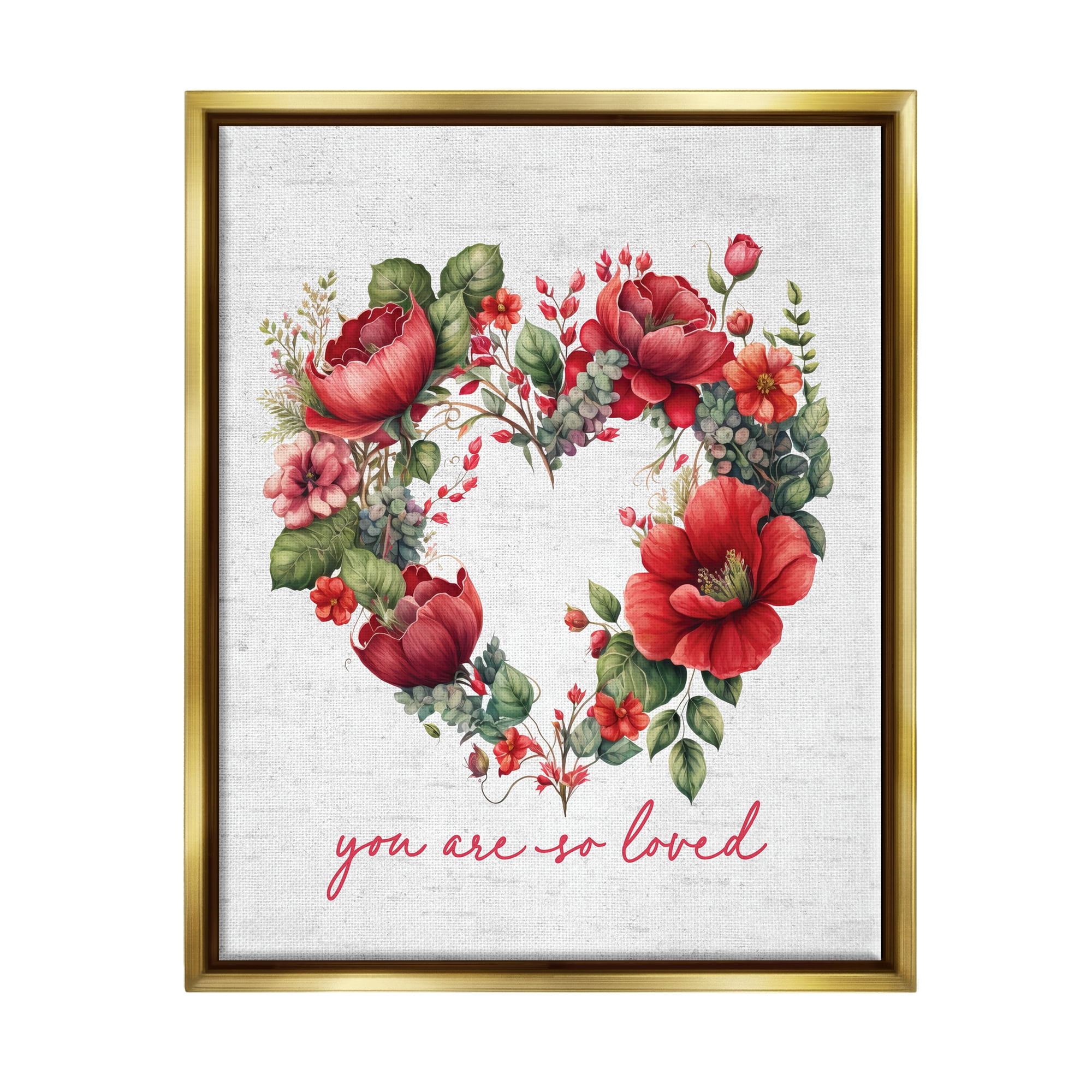 Stupell Industries Valentine's Heart Shaped Wreath Botanical & Floral Painting Gold Floater Framed Canvas Art Print Wall Art, 25 x 31