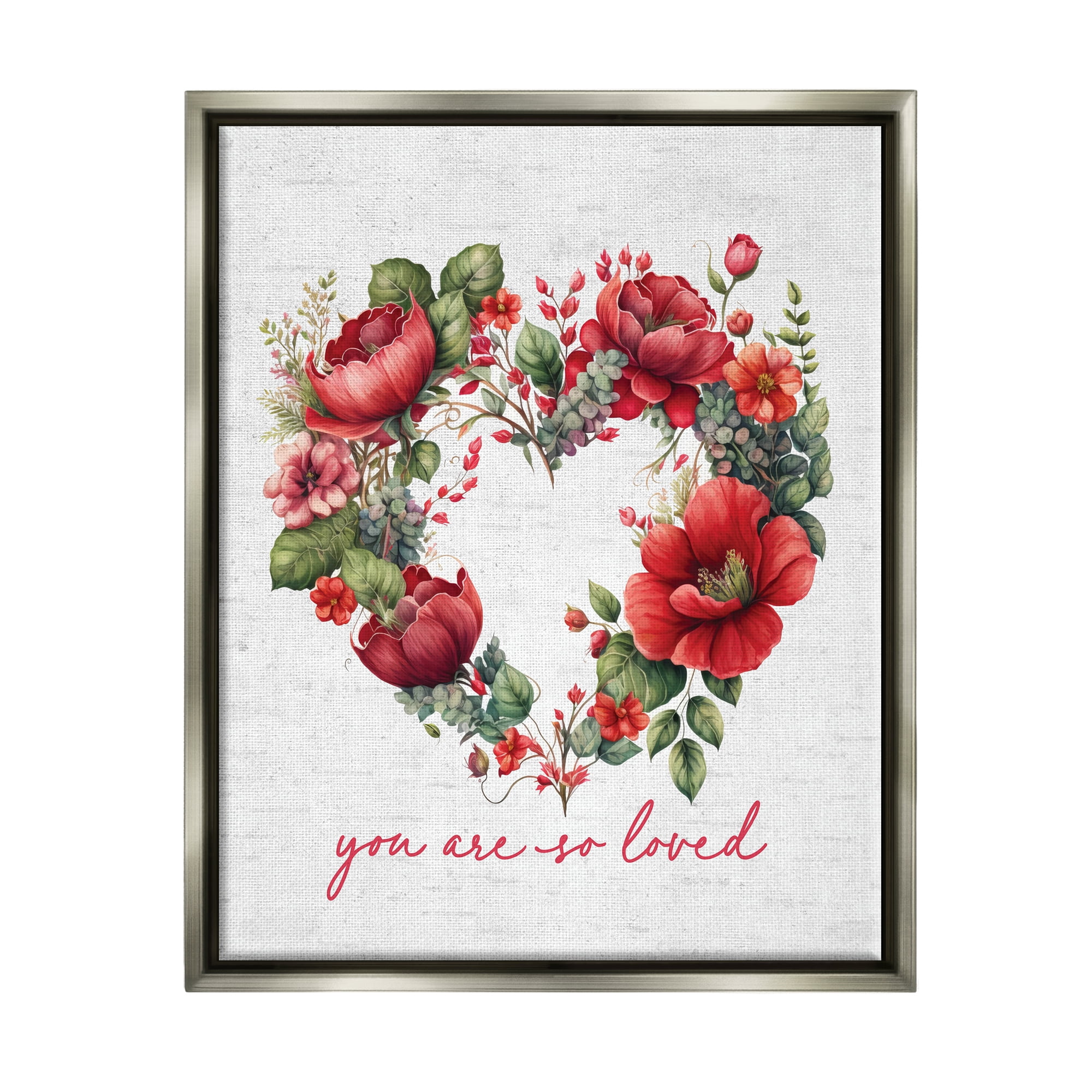 Stupell Industries Valentine's Heart Shaped Wreath Botanical & Floral Painting Gray Floater Framed Canvas Art Print Wall Art, 17 x 21