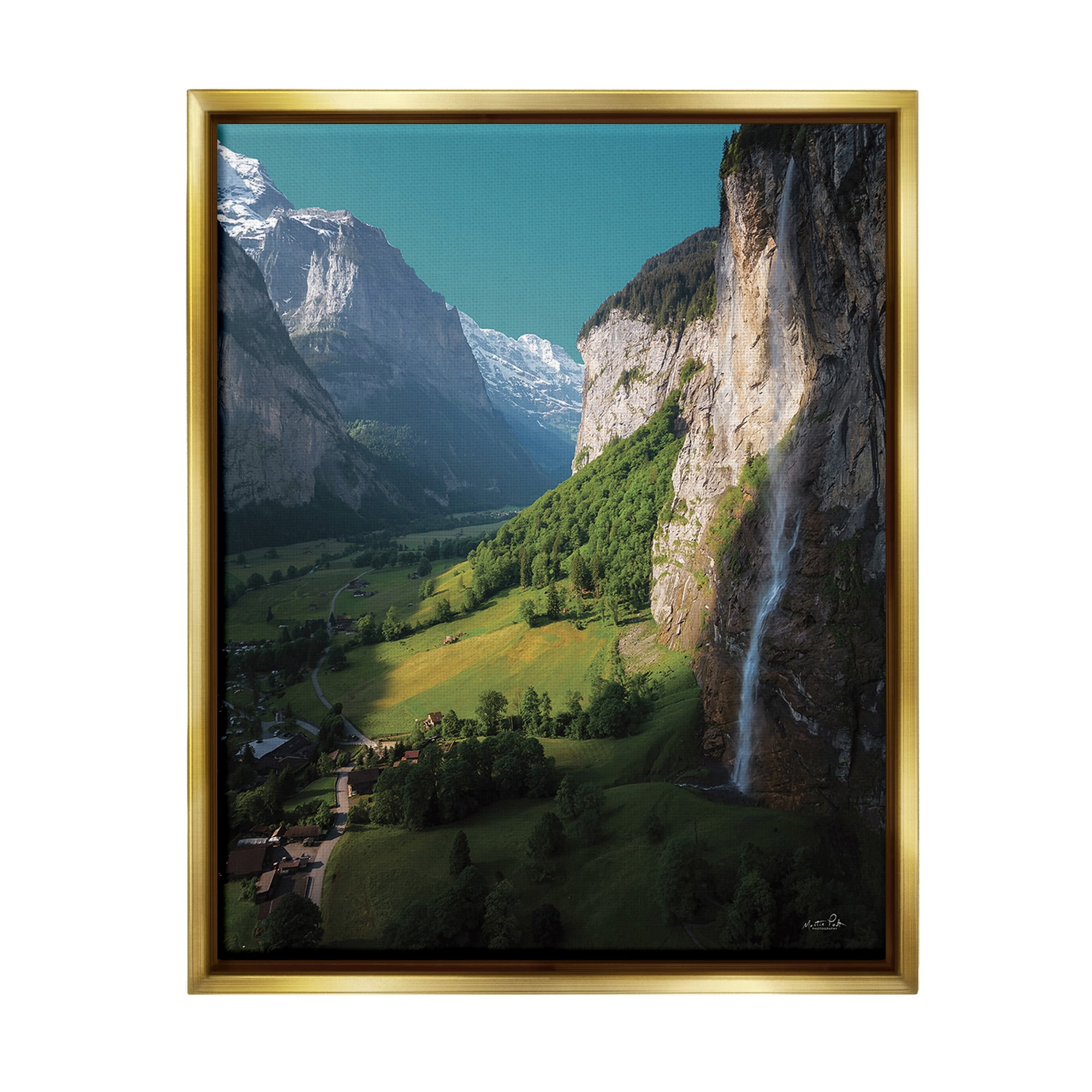 Stupell Industries Valley Cliffs Grassland Landscape Photography Gold Floater Framed Canvas Art Print Wall Art, 17 x 21