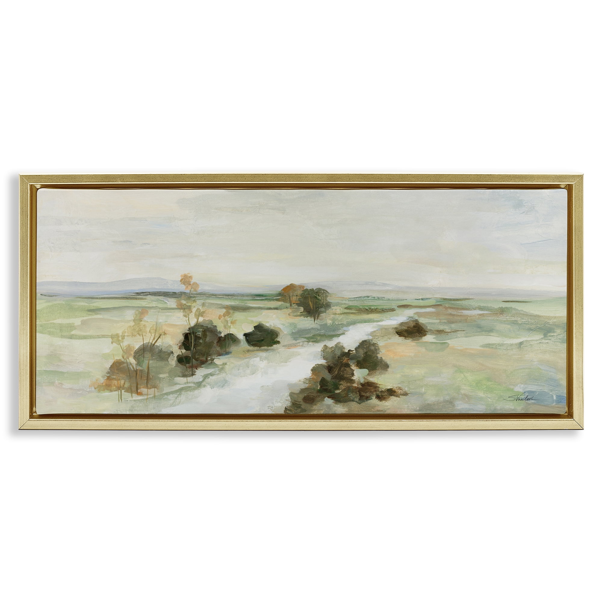 Stupell Industries Valley Creek Landscape Landscape & Nature Painting Gold Floater Framed Canvas Art Print Wall Art, 31 x 14