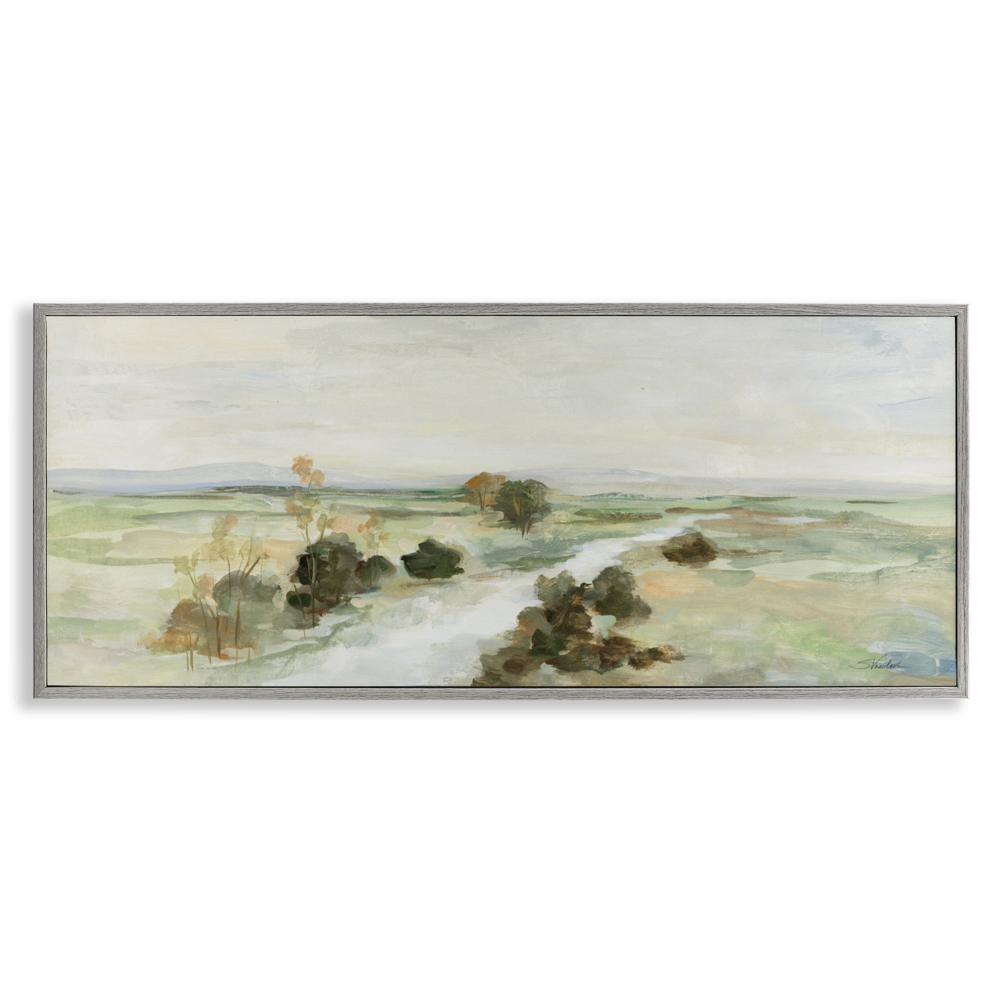 Stupell Industries Valley Creek Landscape Landscape & Nature Painting Gray Framed Art Print Wall Art, 30 x 13