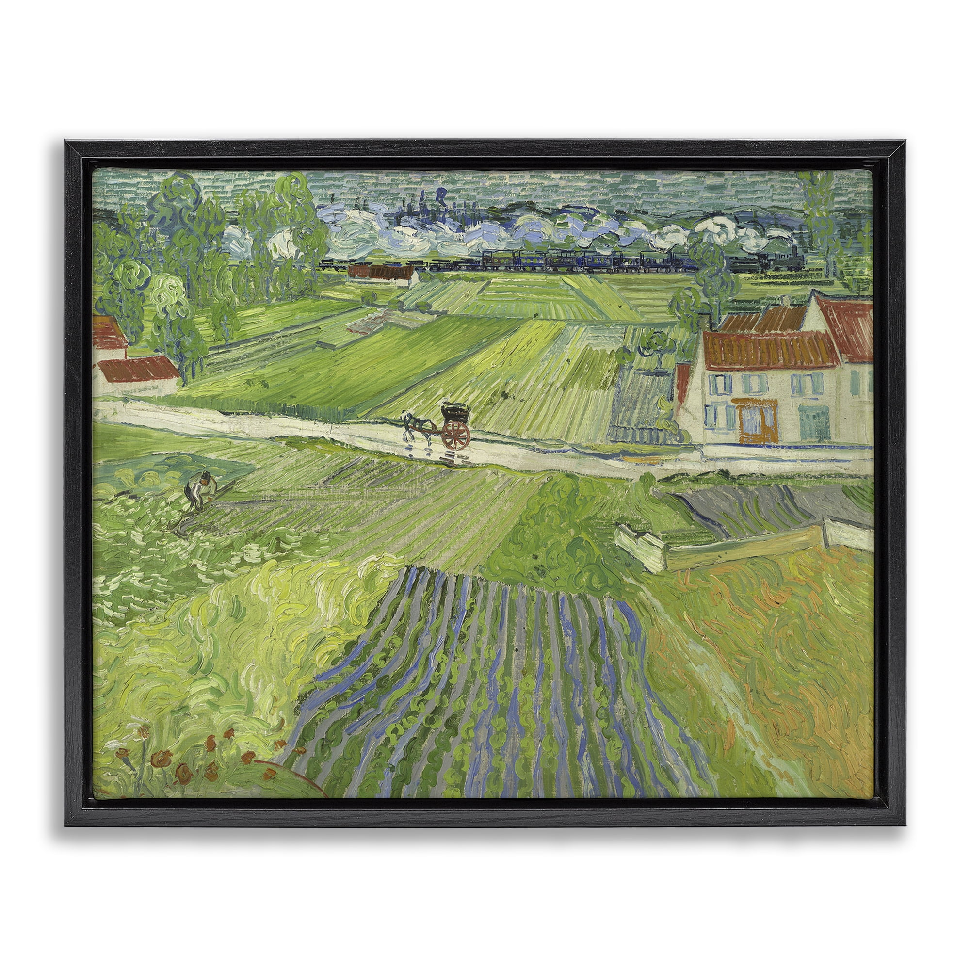 Stupell Industries Van Gogh Carriage & Train Landscape Landscape & Nature Painting Black Floater Framed Canvas Art Print Wall Art, 31 x 25