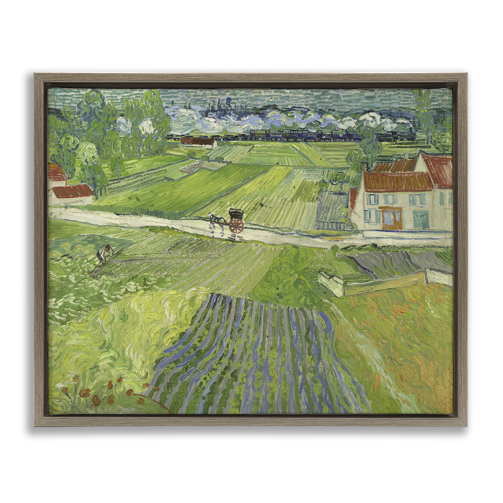 Stupell Industries Van Gogh Carriage & Train Landscape Landscape & Nature Painting Brown Floater Framed Canvas Art Print Wall Art, 21 x 17