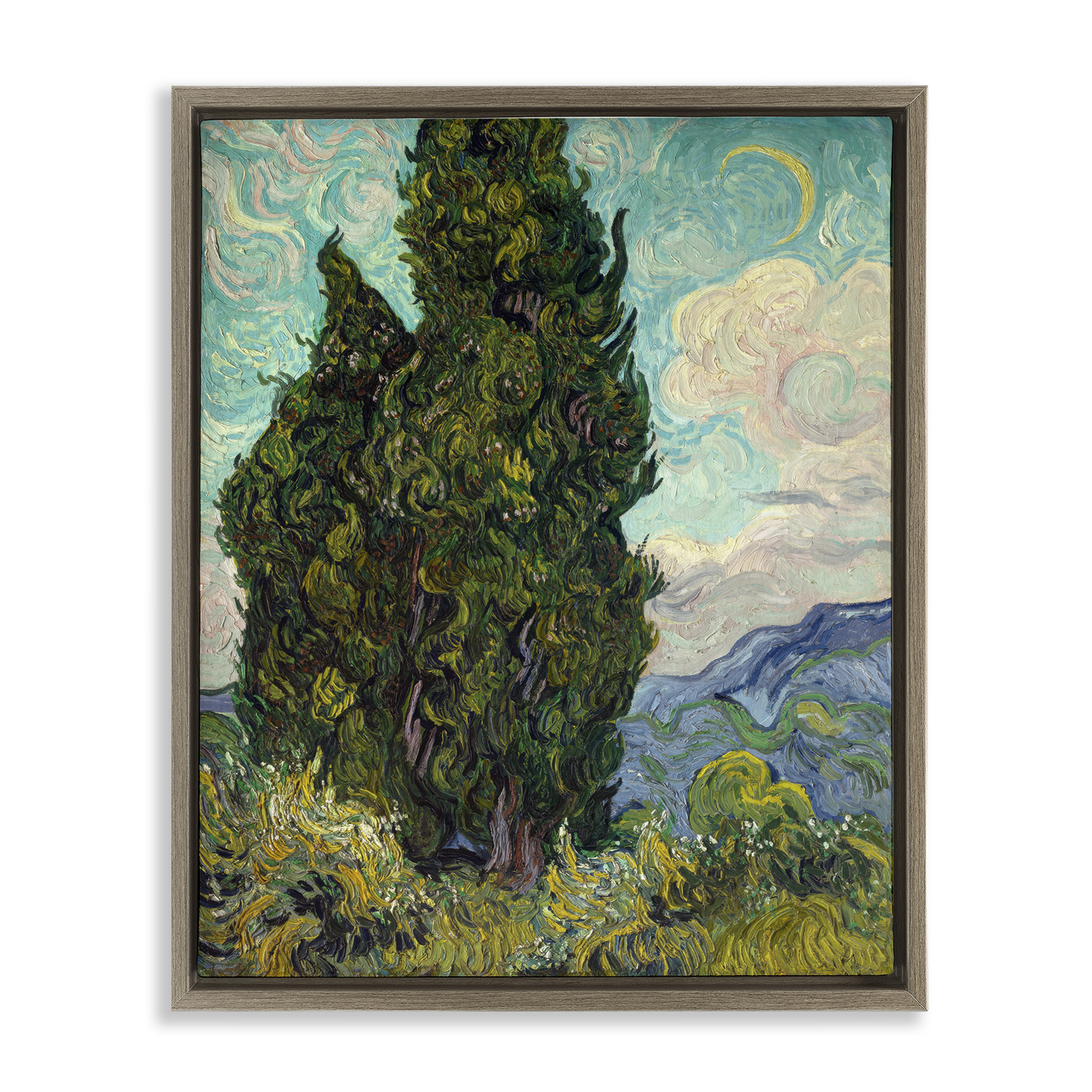 Stupell Industries Van Gogh Cypress Landscape Landscape & Nature Painting Brown Floater Framed Canvas Art Print Wall Art, 17 x 21