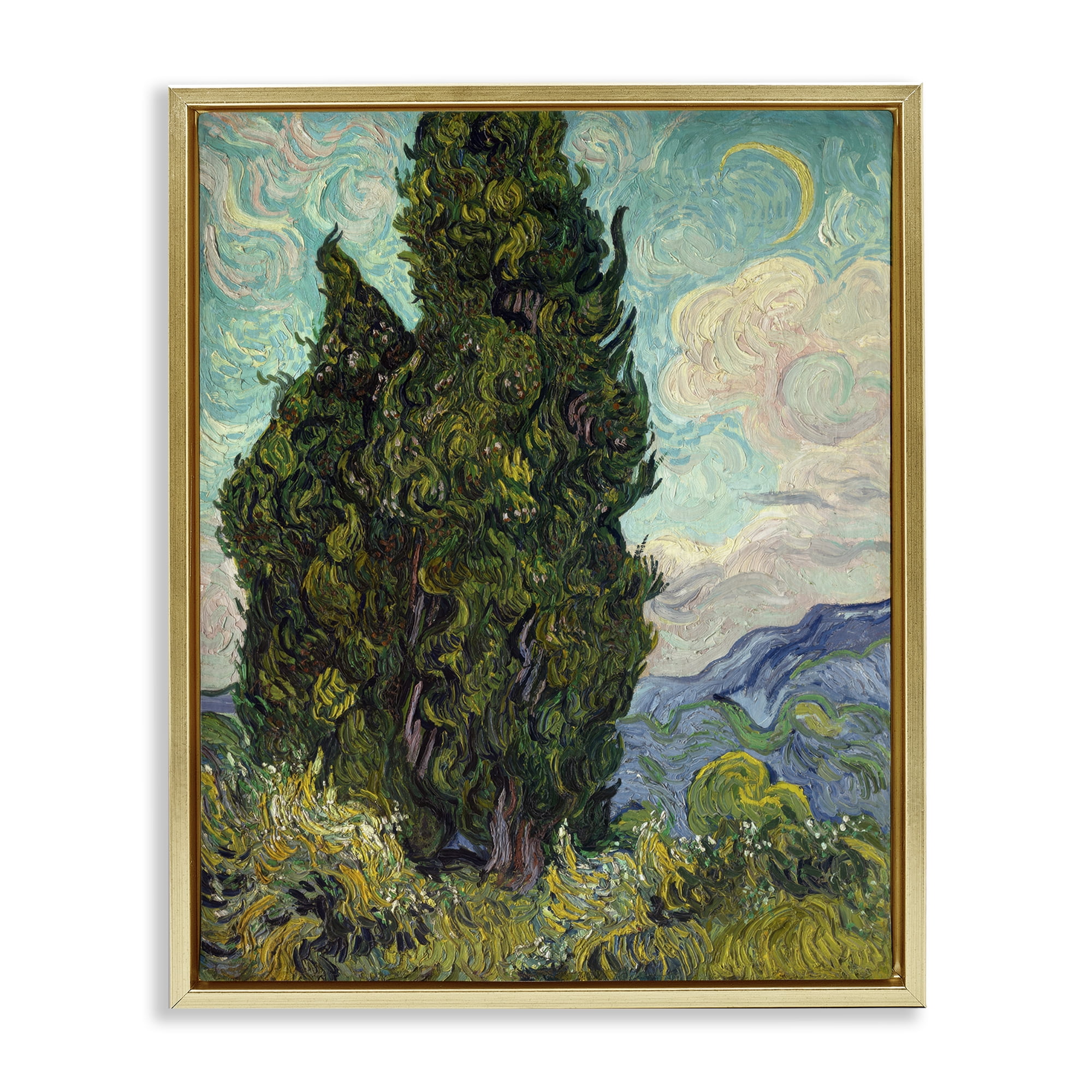 Stupell Industries Van Gogh Cypress Landscape Landscape & Nature Painting Gold Floater Framed Canvas Art Print Wall Art, 25 x 31
